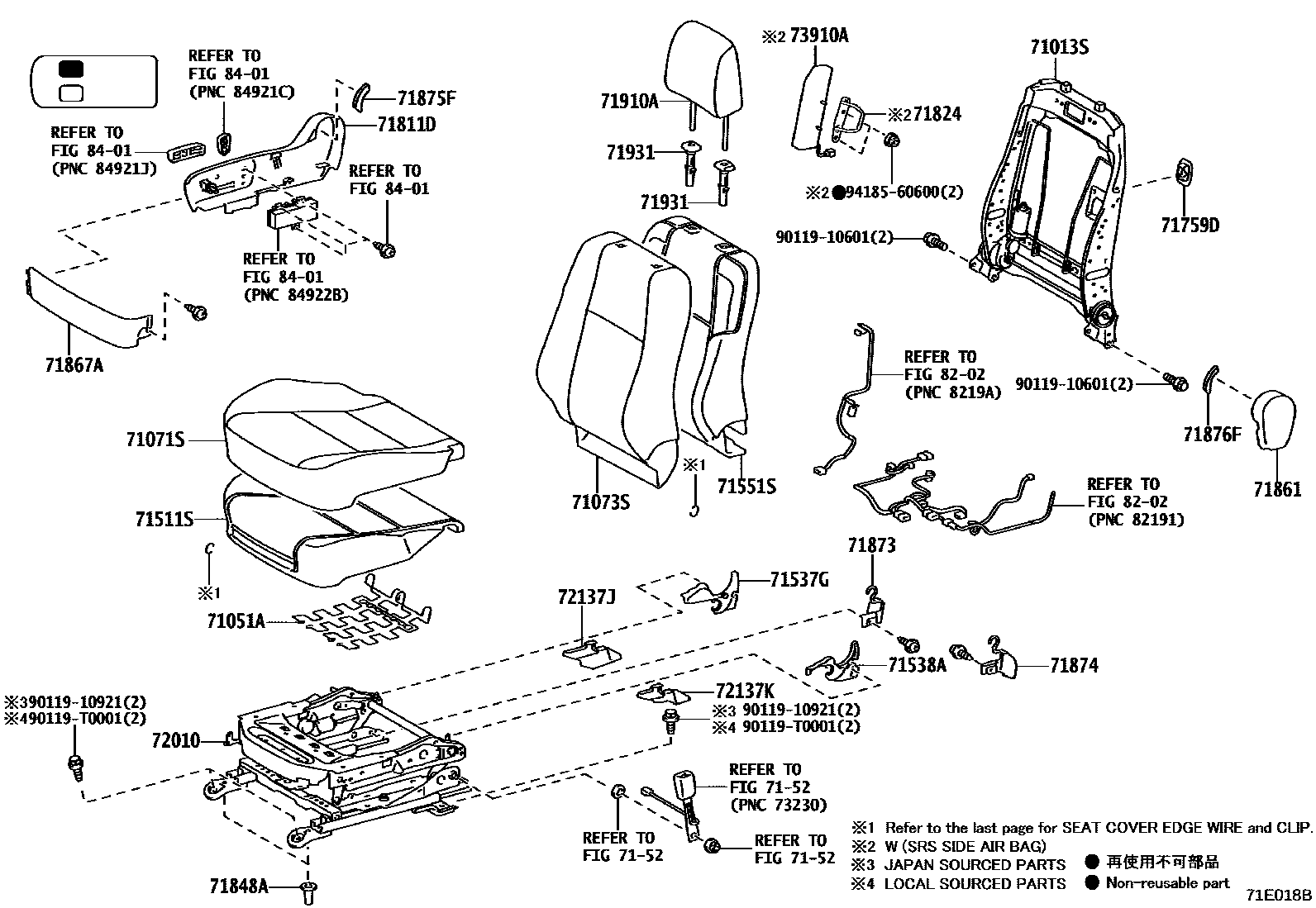 Toyota HILUX 座椅和座椅滑轨 EPC diagram — 71E018B