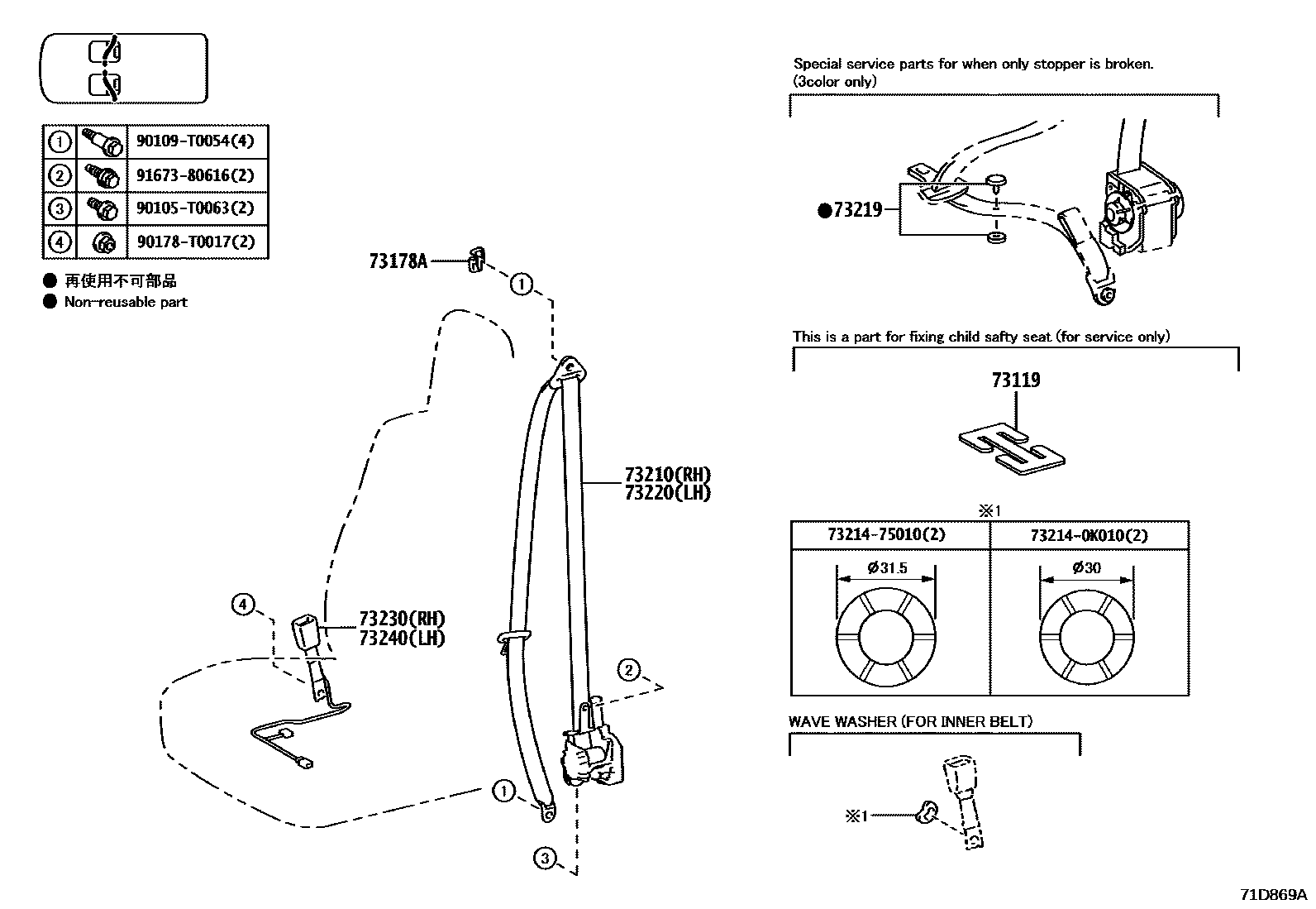 Toyota HILUX seat belt EPC diagram — 71D869A