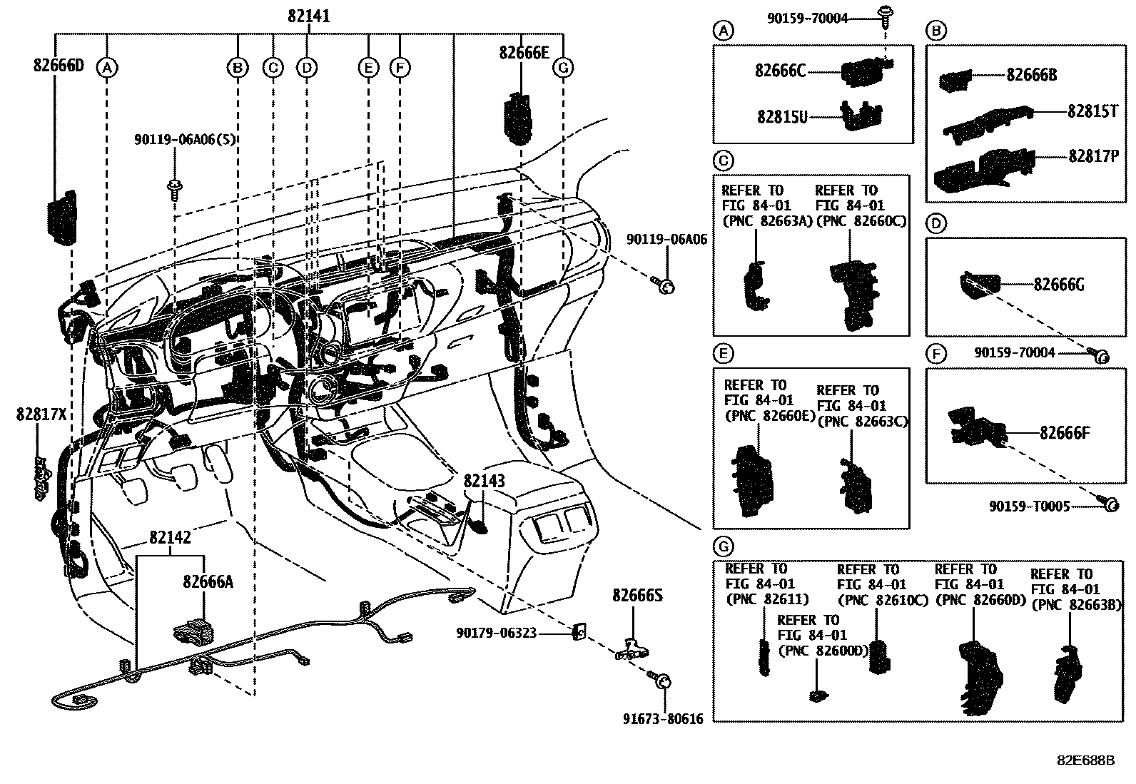 Toyota HILUX 线束和卡夹 EPC diagram — 82E688B