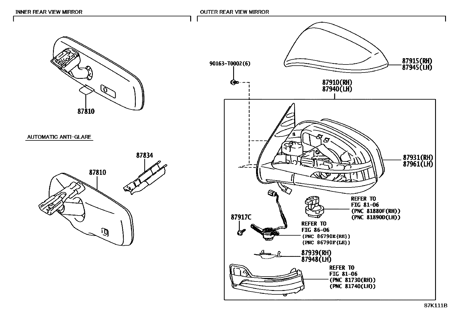 Toyota HILUX 后视镜 EPC diagram — 87K111B