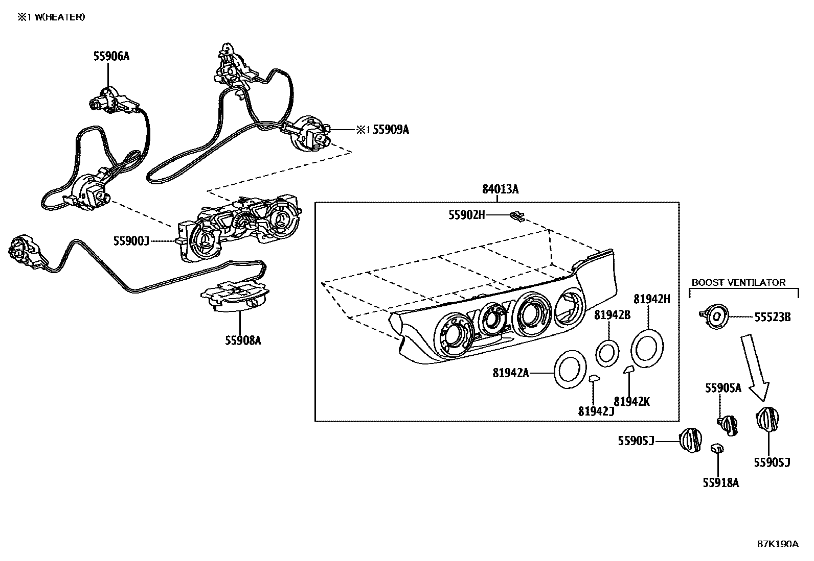 Toyota HILUX 暖风和空调系统 - 控制器和风管 EPC diagram — 87K190A