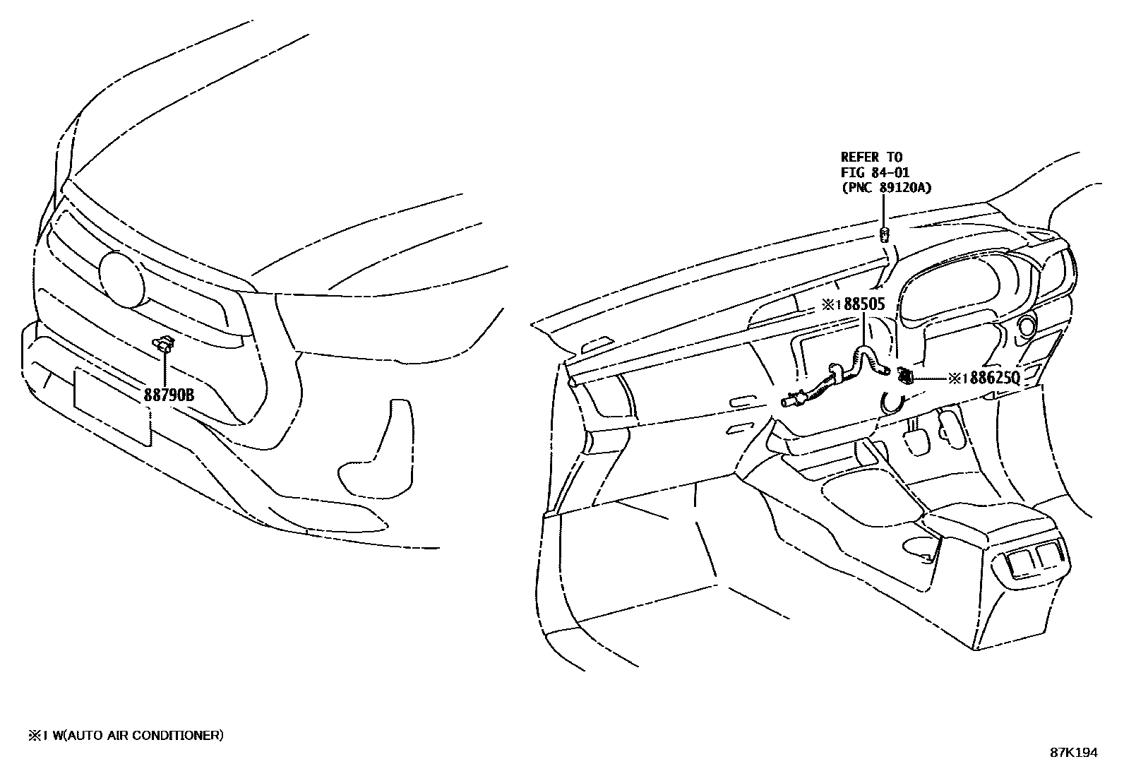 Toyota HILUX 暖风和空调系统 - 控制器和风管 EPC diagram — 87K194