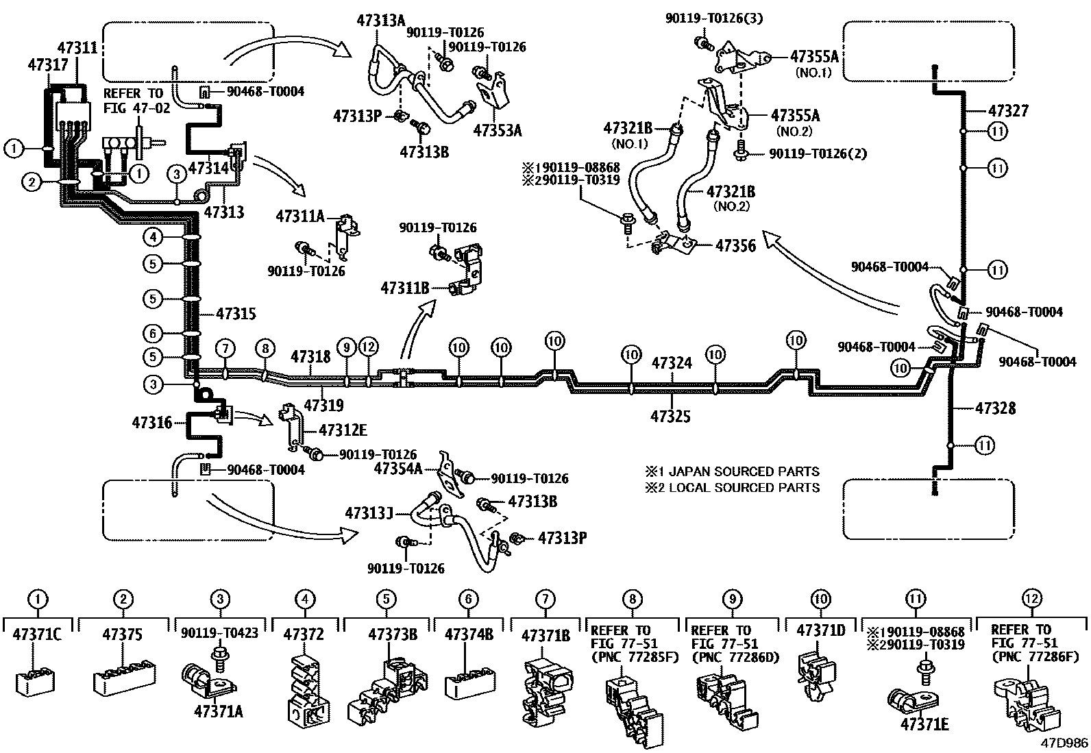 Toyota HILUX 制动配管和卡箍 EPC diagram — 47D986