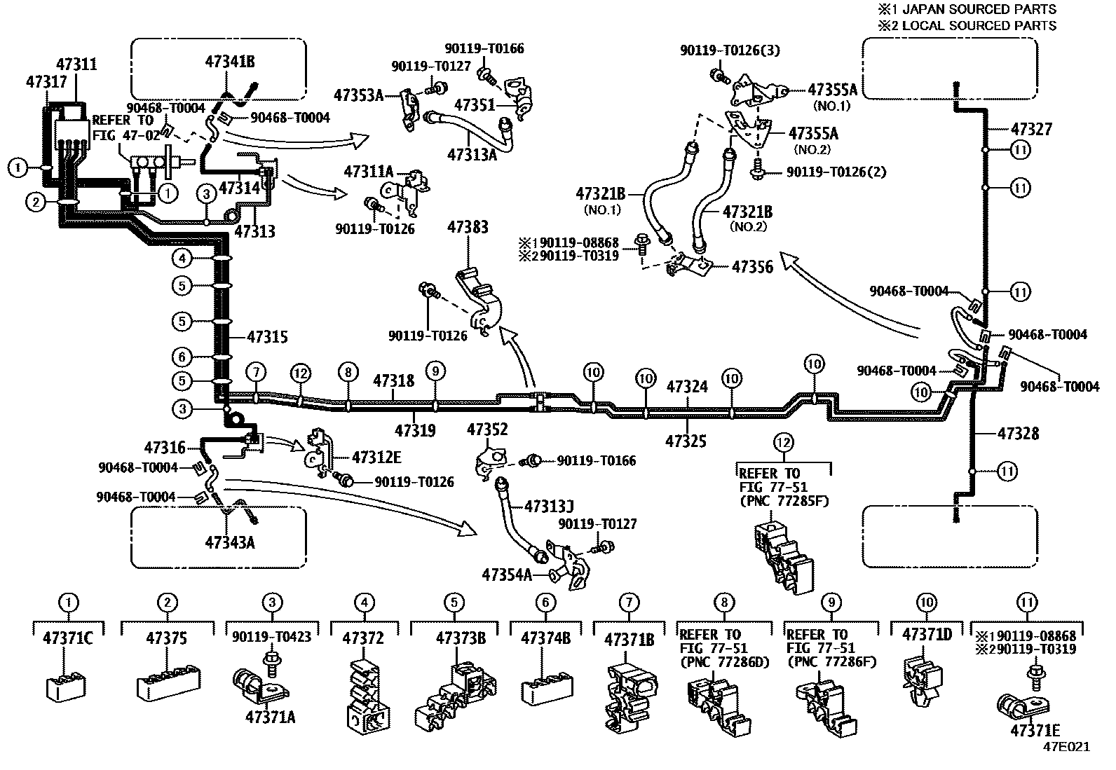Toyota HILUX 制动配管和卡箍 EPC diagram — 47E021