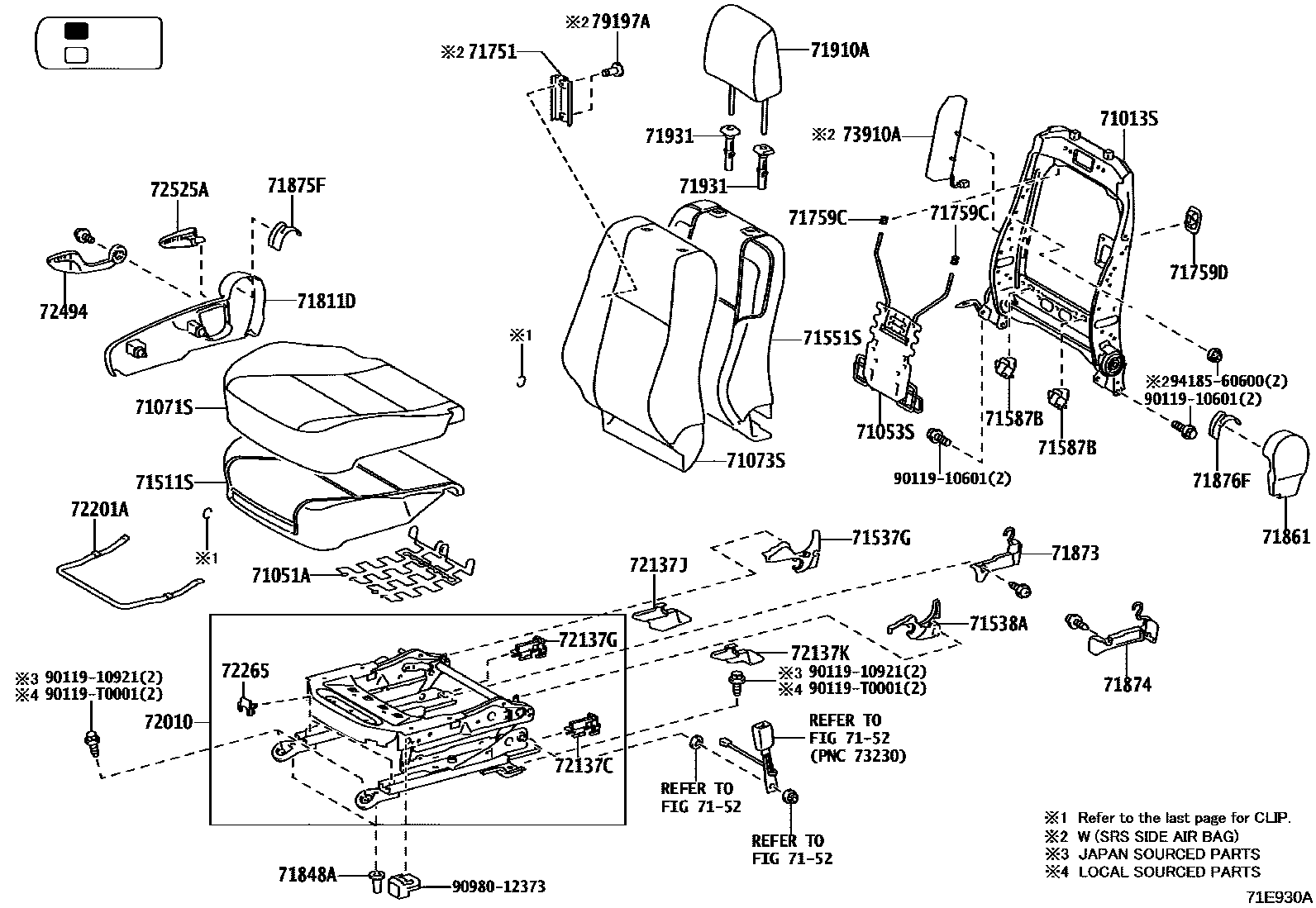 Toyota HILUX 座椅和座椅滑轨 EPC diagram — 71E930A