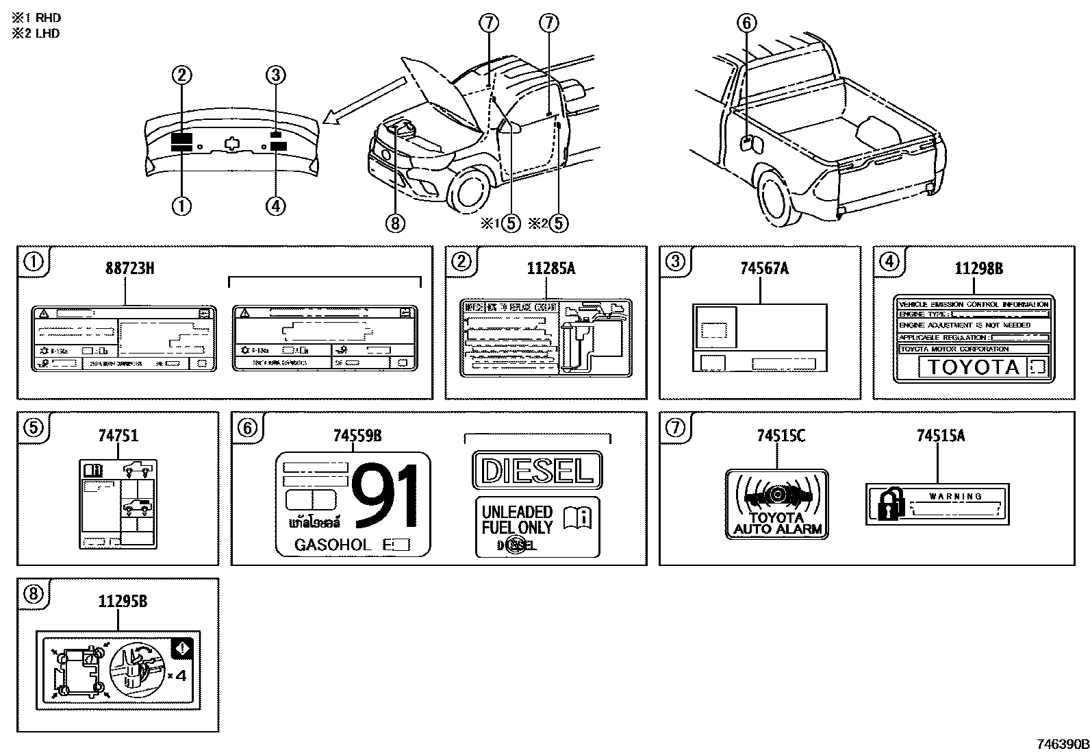 Toyota HILUX warning nameplate EPC diagram — 746390B