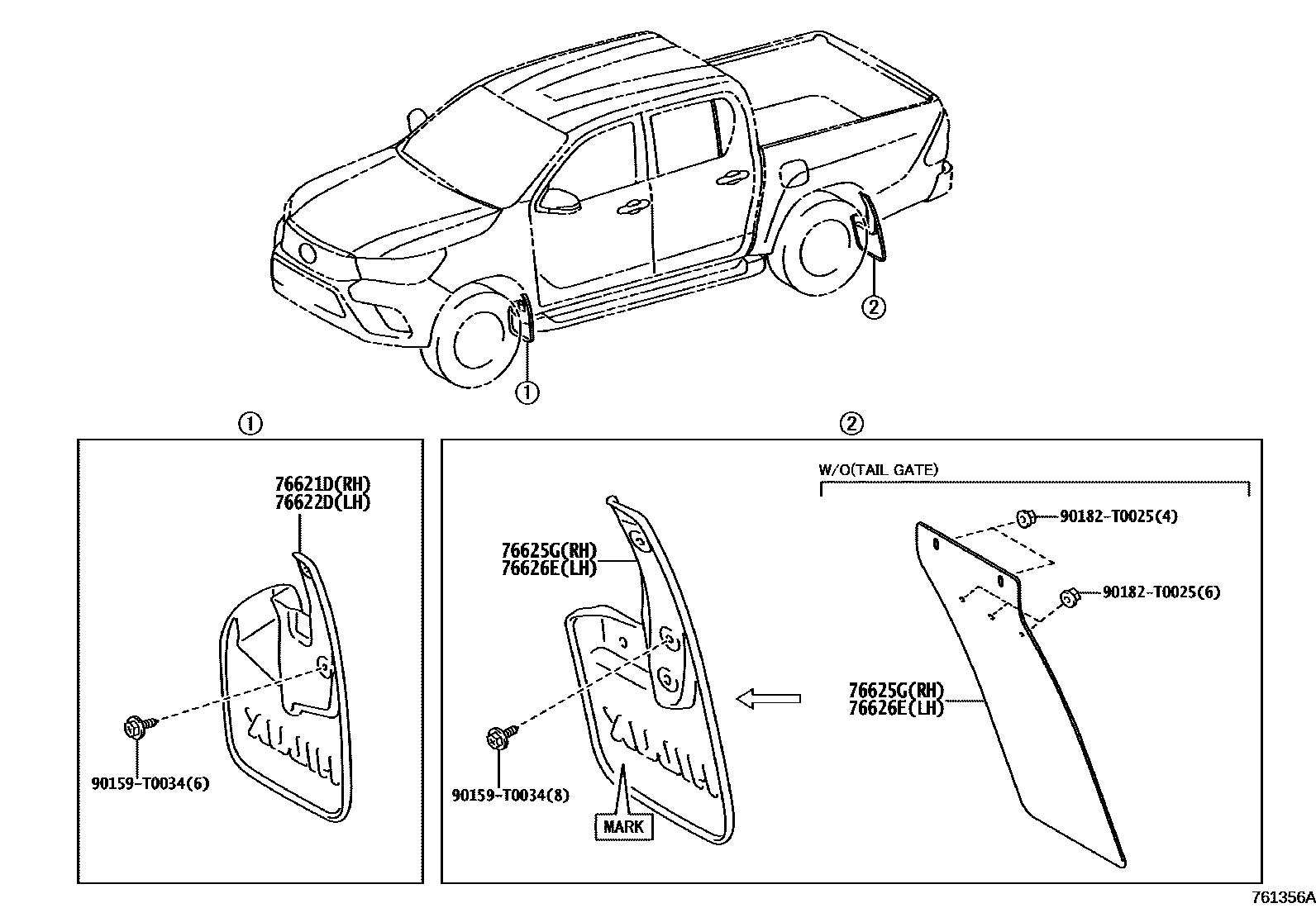 Toyota HILUX 扰流板和侧挡泥板 EPC diagram — 761356A