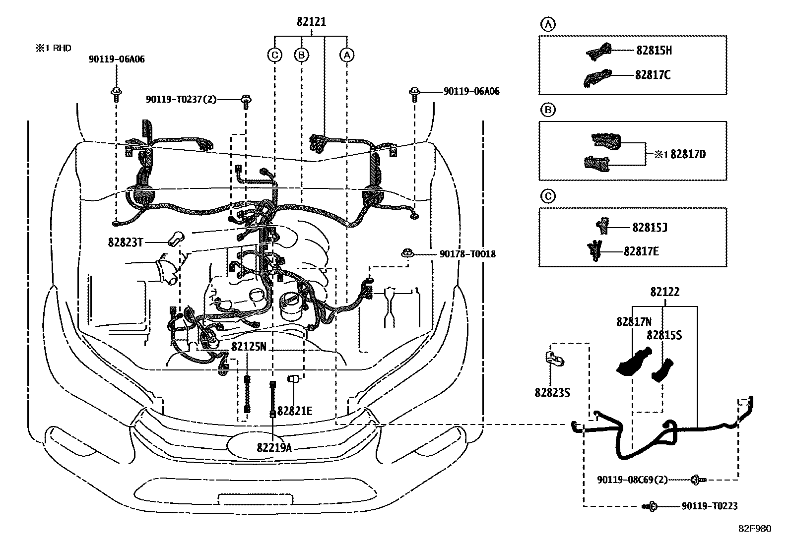 Toyota HILUX 线束和卡夹 EPC diagram — 82F980