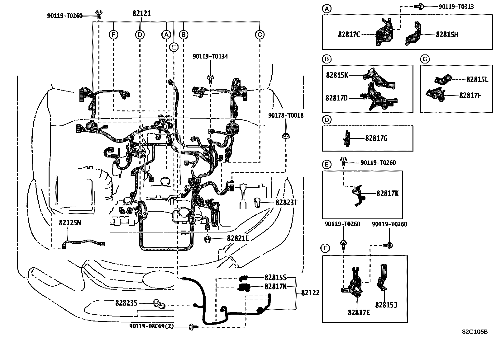 Toyota HILUX 线束和卡夹 EPC diagram — 82G105B