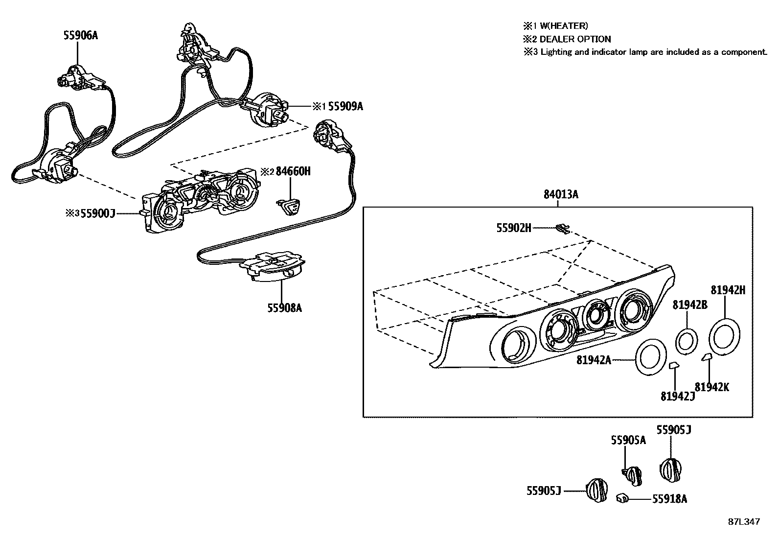 Toyota HILUX 暖风和空调系统 - 控制器和风管 EPC diagram — 87L347
