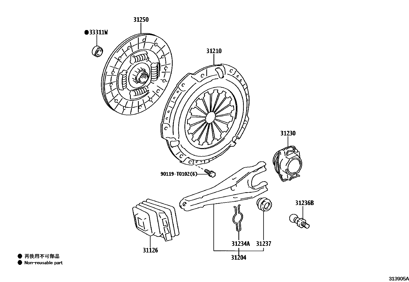 Toyota HILUX 离合器和分离叉 EPC diagram — 313905A