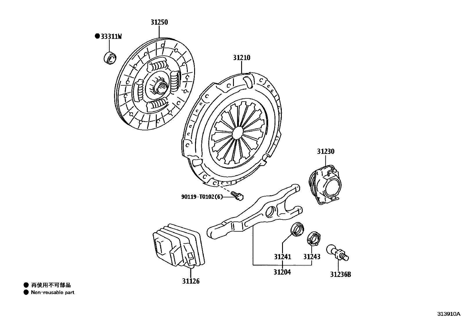 Toyota HILUX 离合器和分离叉 EPC diagram — 313910A