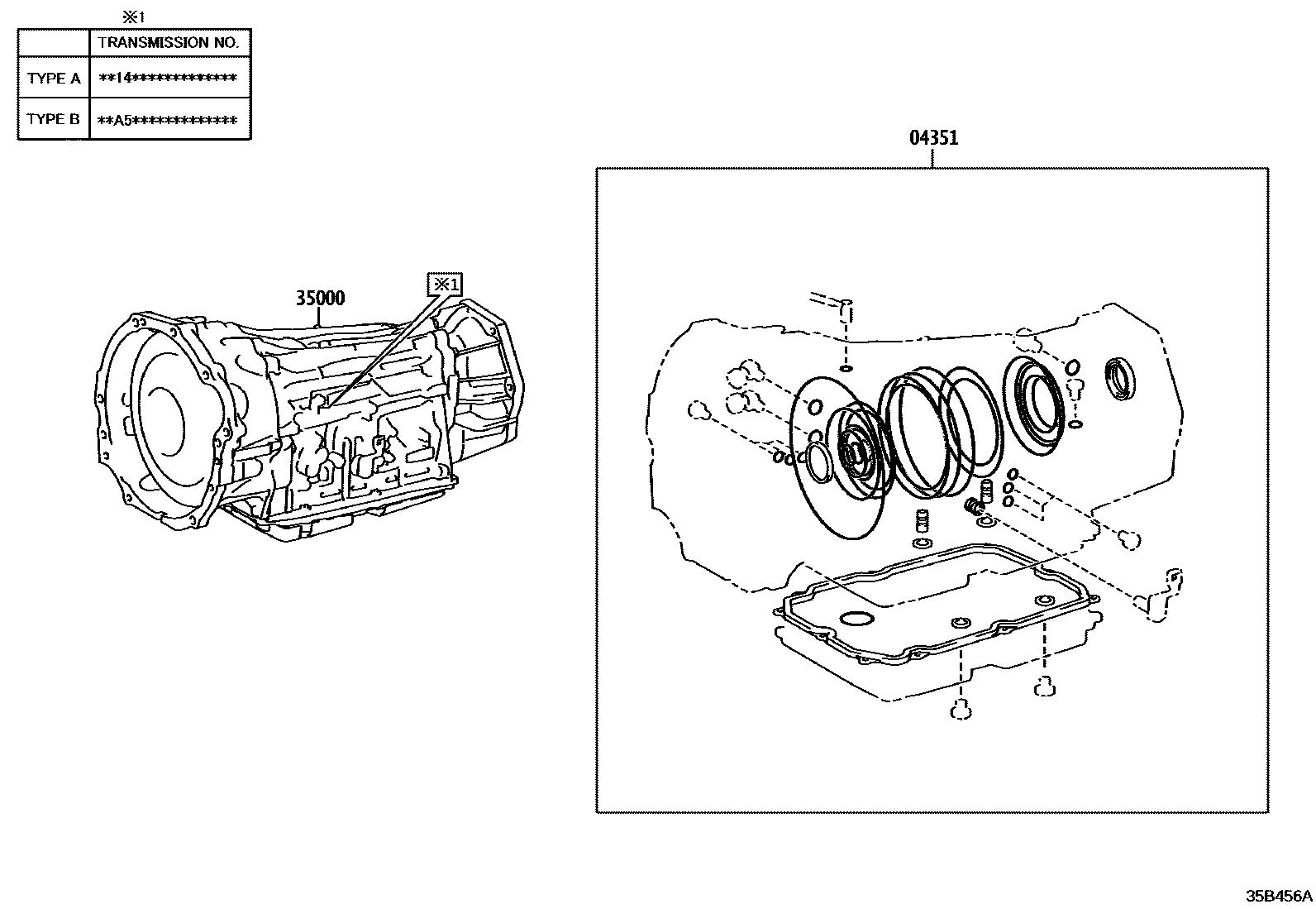 Toyota HILUX 传动桥或变速器总成和衬垫组件(ATM) EPC diagram — 35B456A