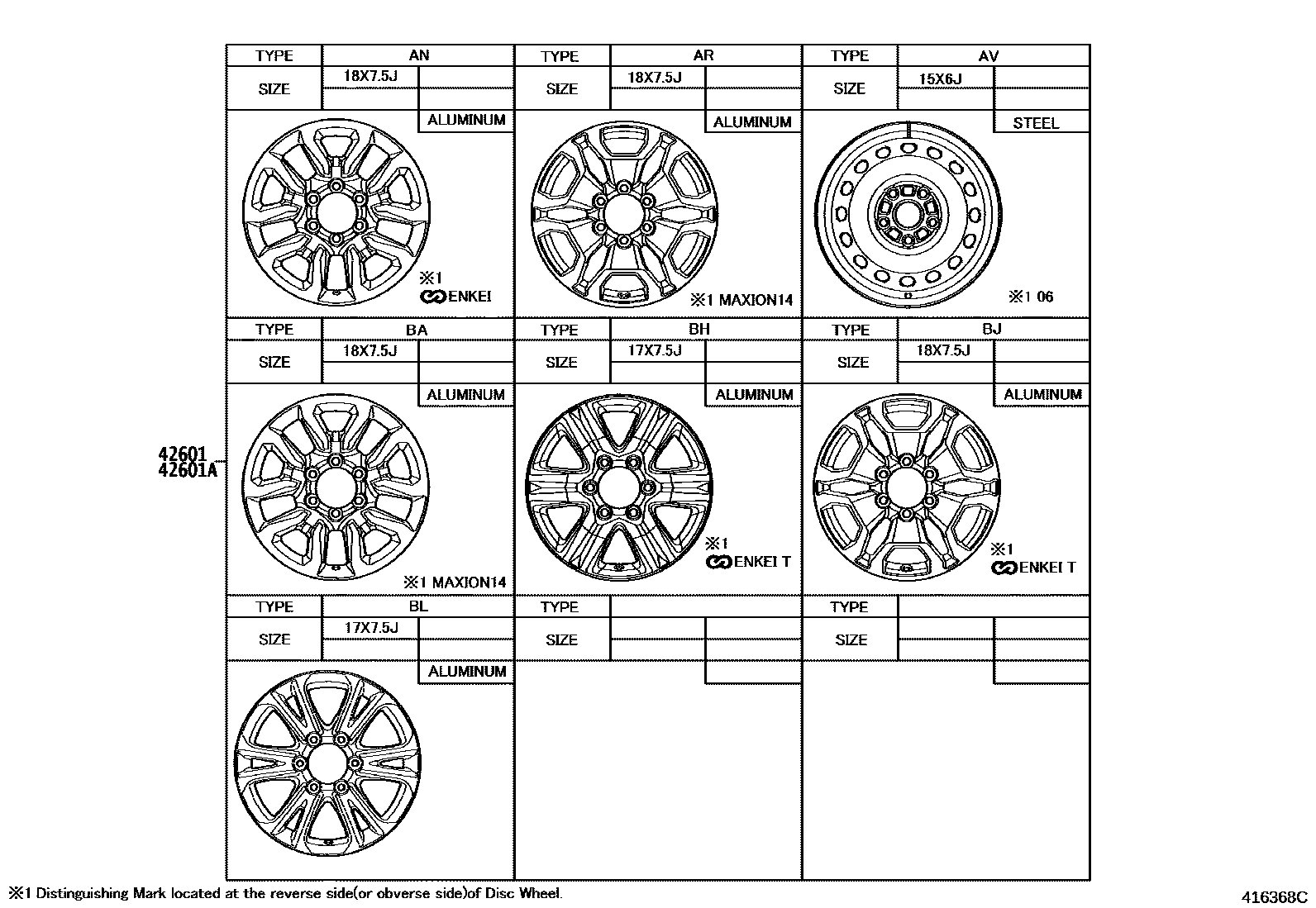 Toyota HILUX 车轮和车轮盖 EPC diagram — 416368C