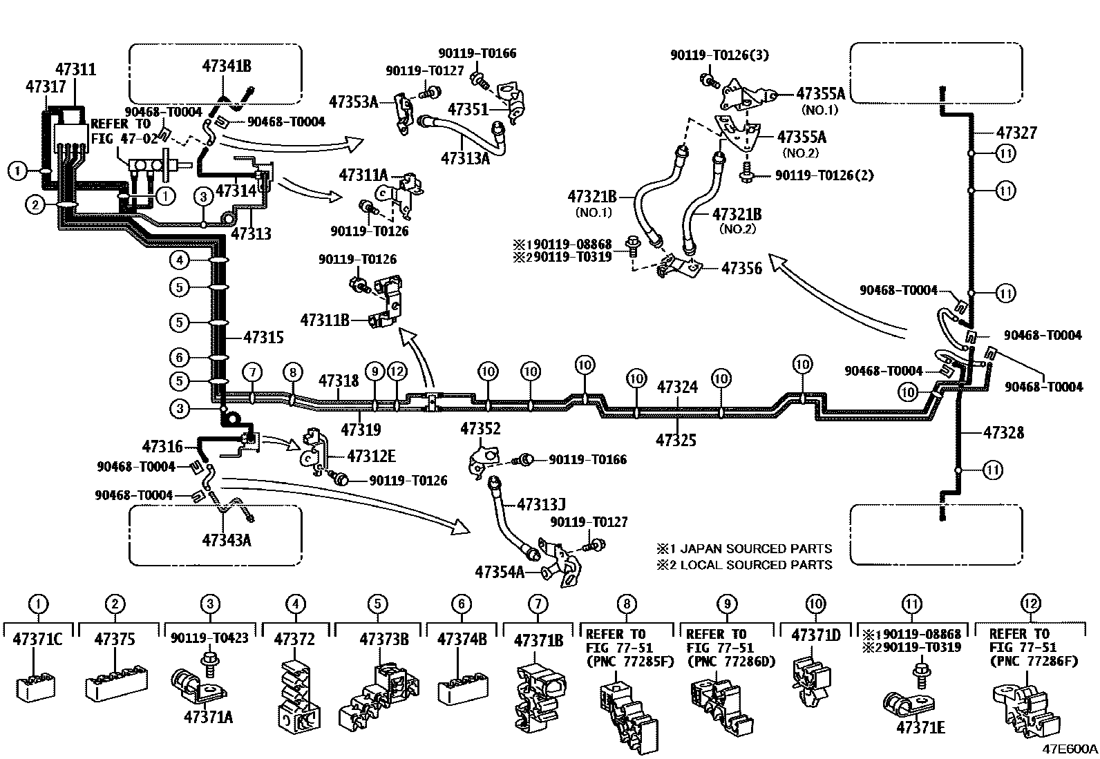 Toyota HILUX 制动配管和卡箍 EPC diagram — 47E600A