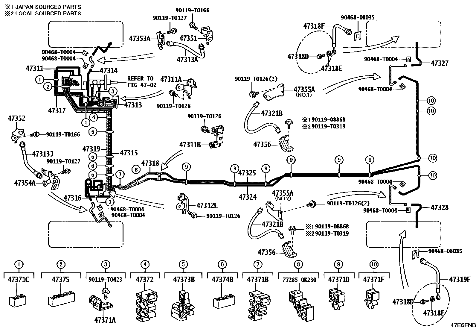 Toyota HILUX 制动配管和卡箍 EPC diagram — 47E6FNB