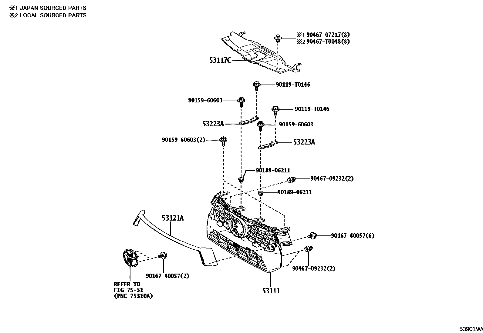 Toyota HILUX radiator grille EPC diagram — 53901WA