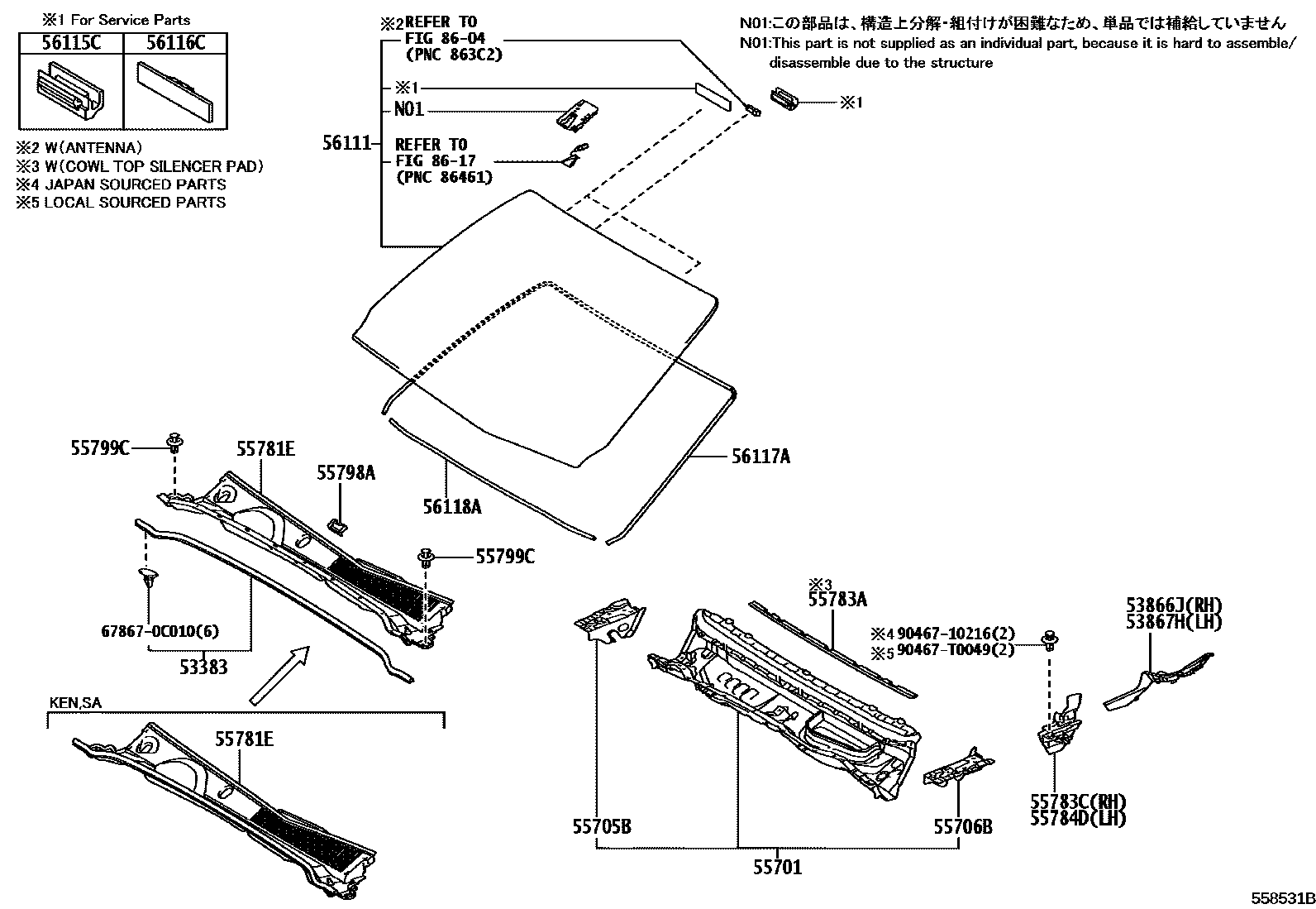 Toyota HILUX 前围板和挡风玻璃 EPC diagram — 558531B