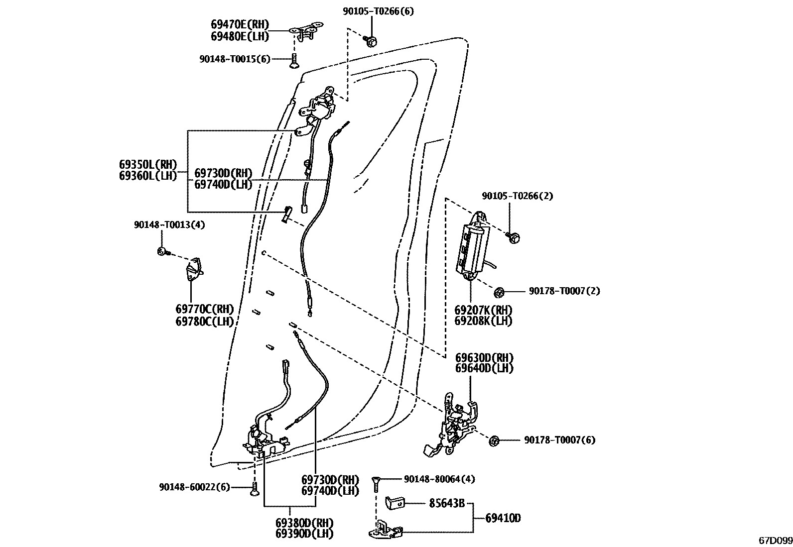 Toyota HILUX 后门锁和后门把手 EPC diagram — 67D099