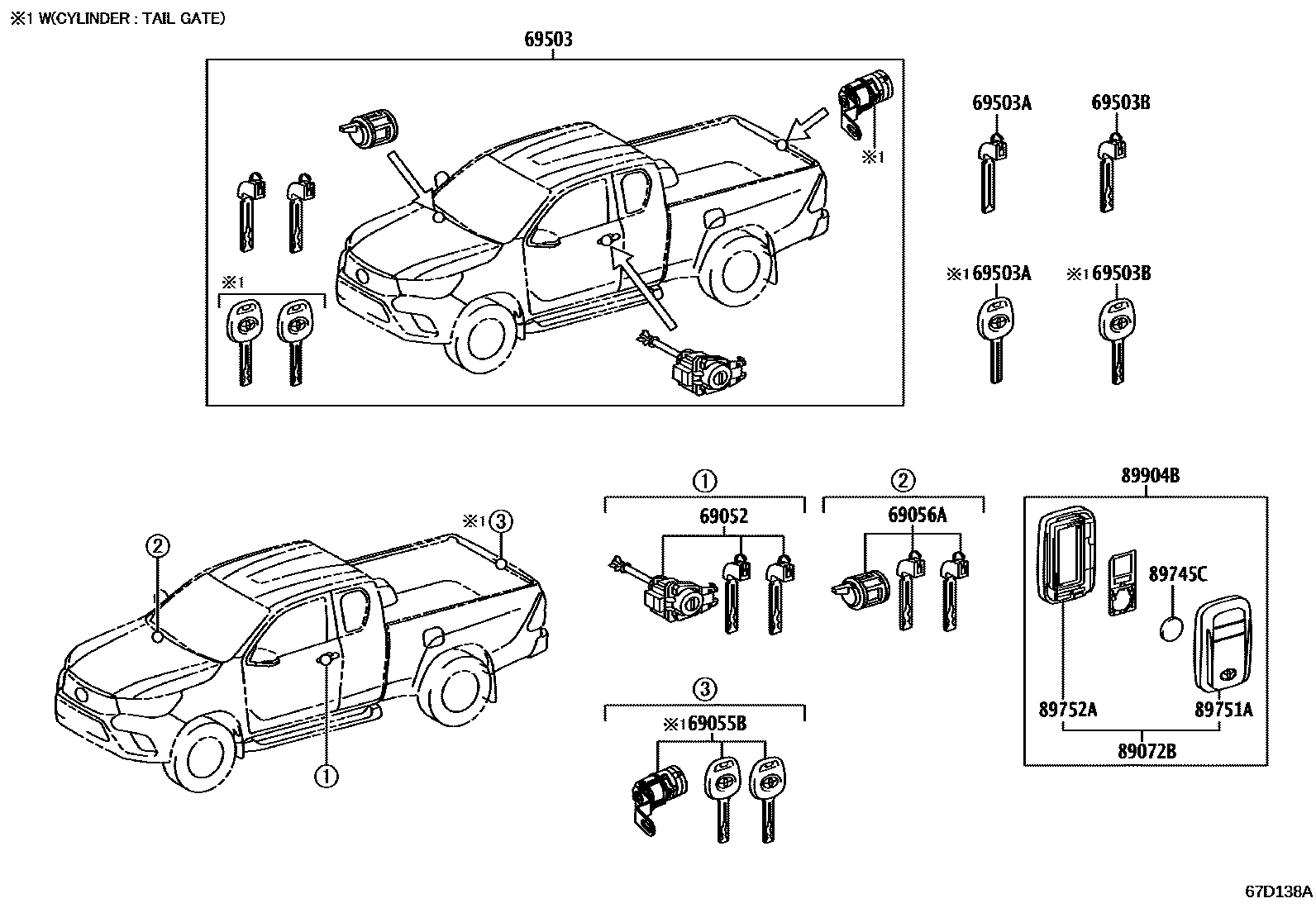 Toyota HILUX 锁芯组件 EPC diagram — 67D138A