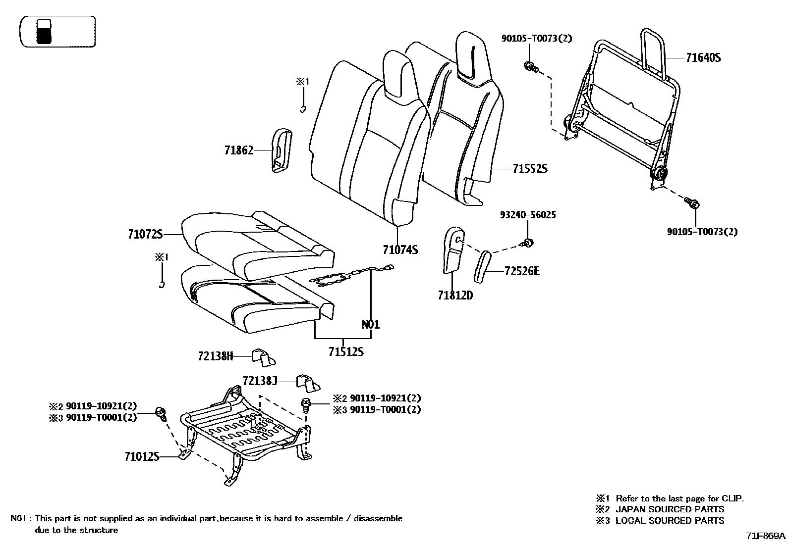 Toyota HILUX 座椅和座椅滑轨 EPC diagram — 71F869A