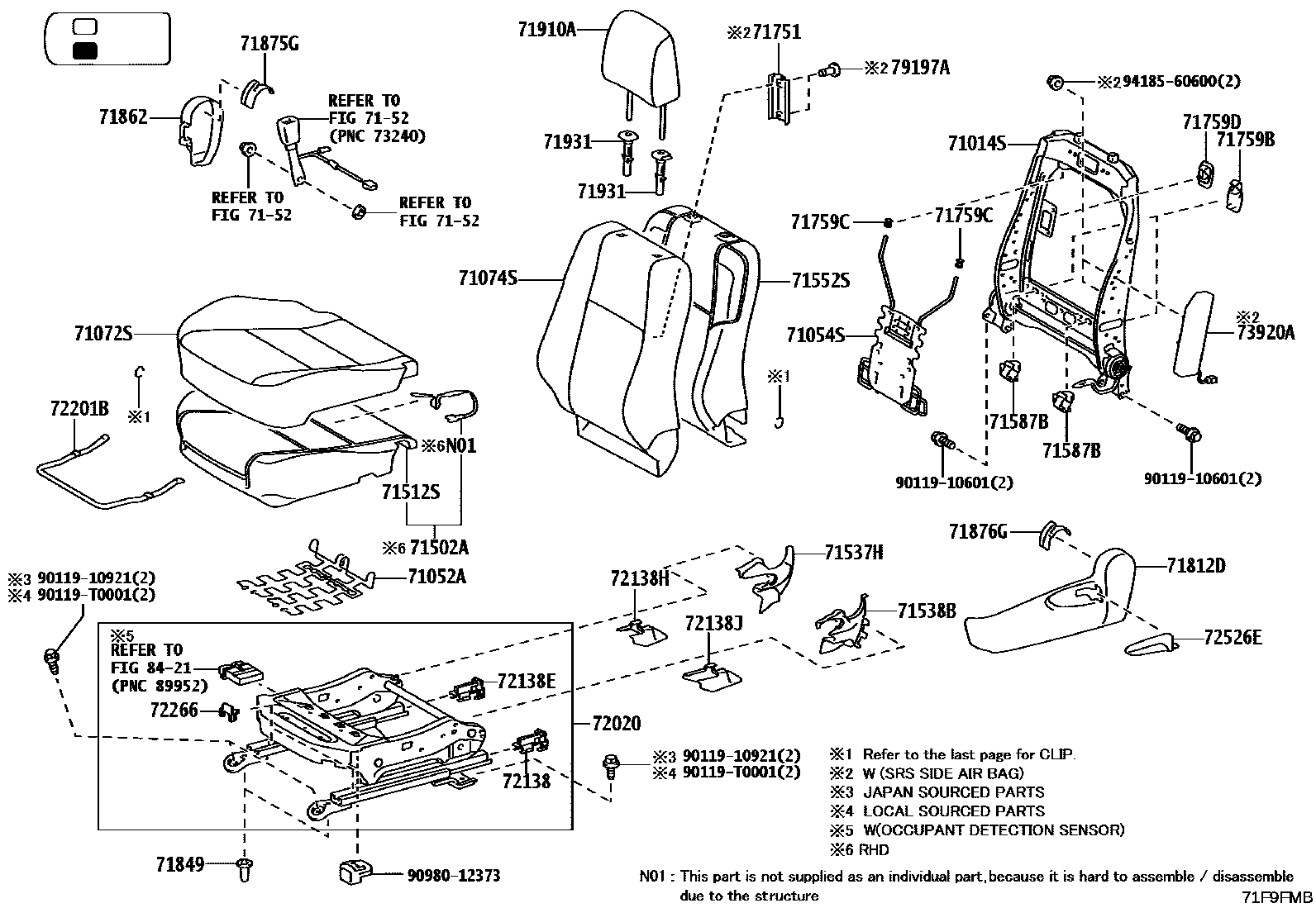 Toyota HILUX 座椅和座椅滑轨 EPC diagram — 71F9FMB