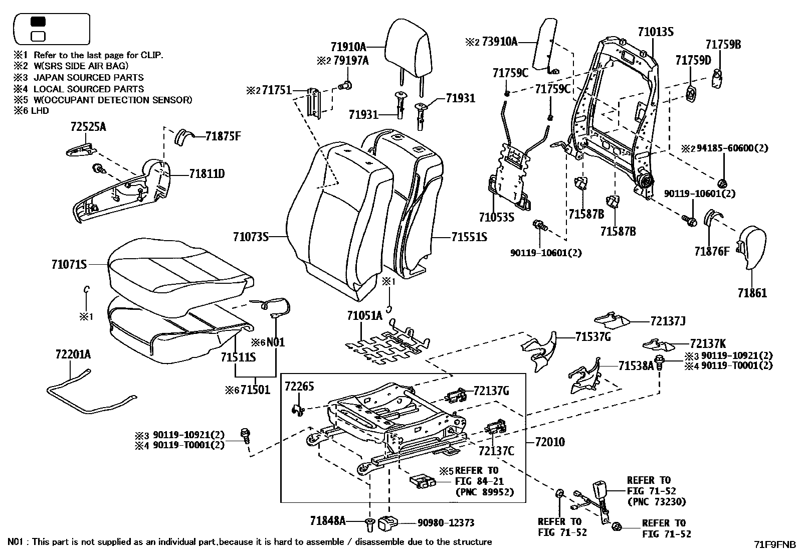 Toyota HILUX 座椅和座椅滑轨 EPC diagram — 71F9FNB