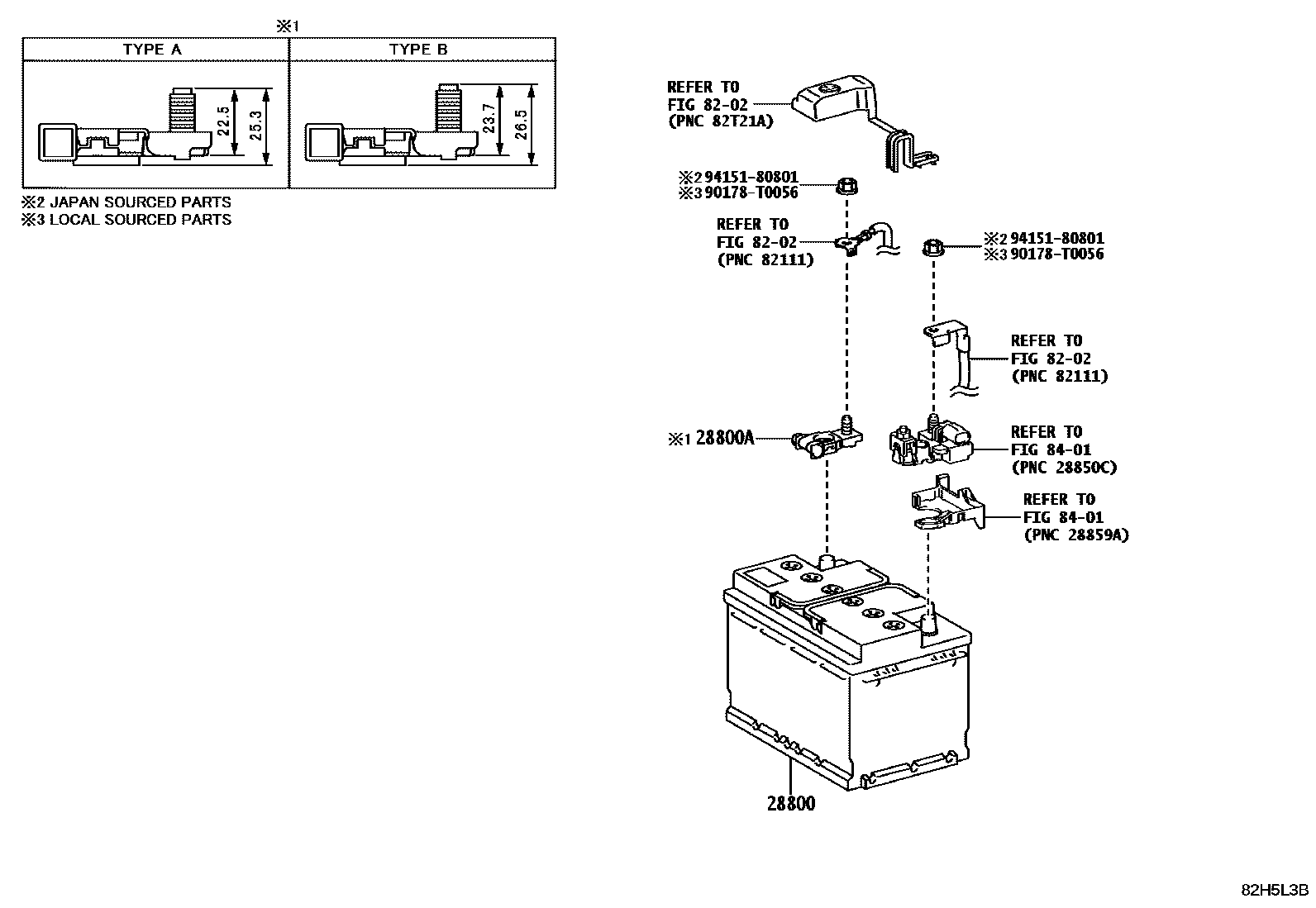 Toyota HILUX 蓄电池和蓄电池电缆 EPC diagram — 82H5L3B