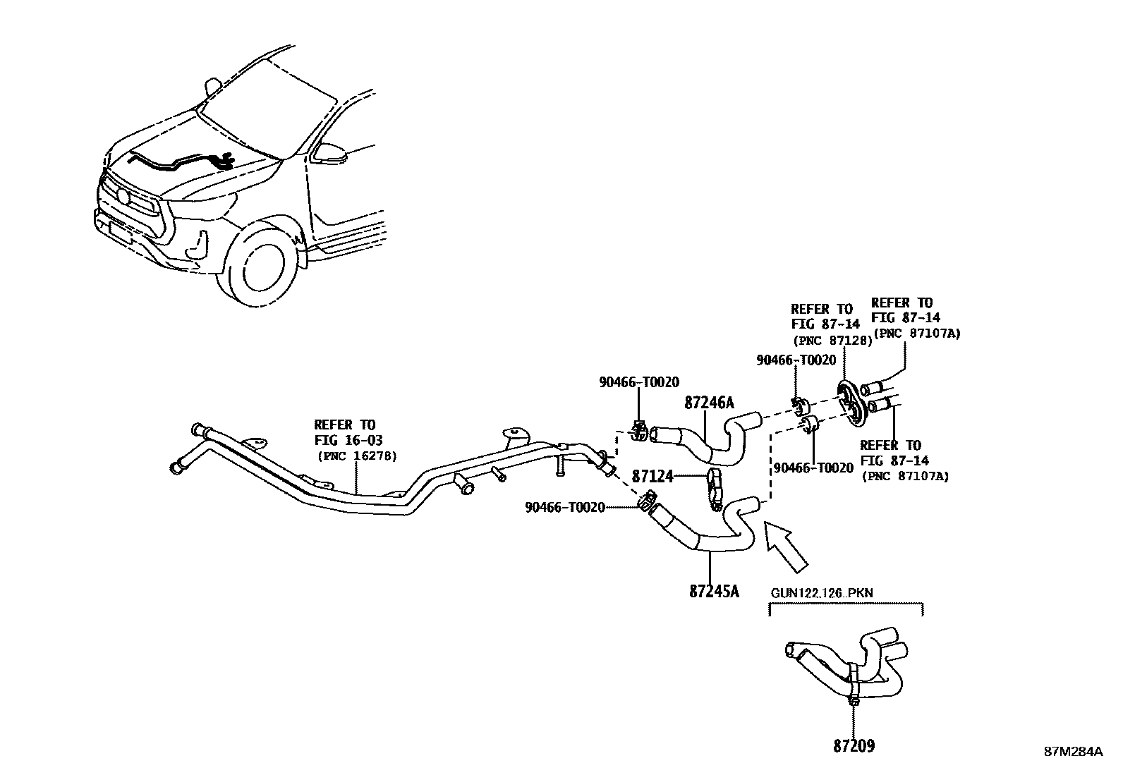 Toyota HILUX 暖风和空调系统 - 水管 EPC diagram — 87M284A