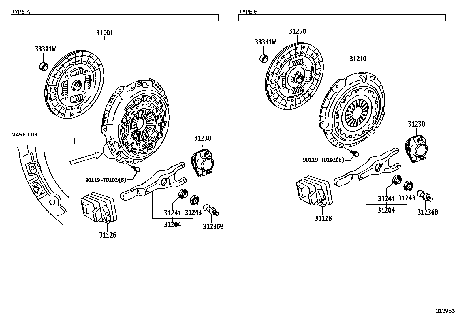 Toyota HILUX 离合器和分离叉 EPC diagram — 313953