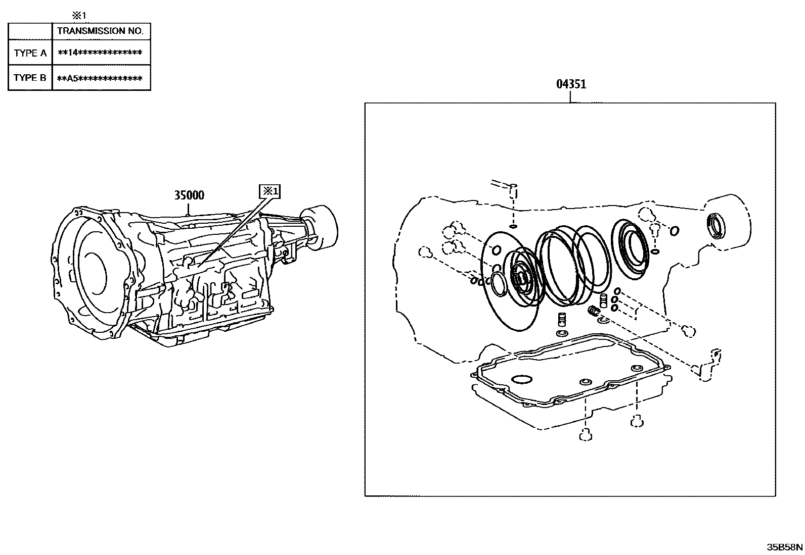 Toyota HILUX 传动桥或变速器总成和衬垫组件(ATM) EPC diagram — 35B58N