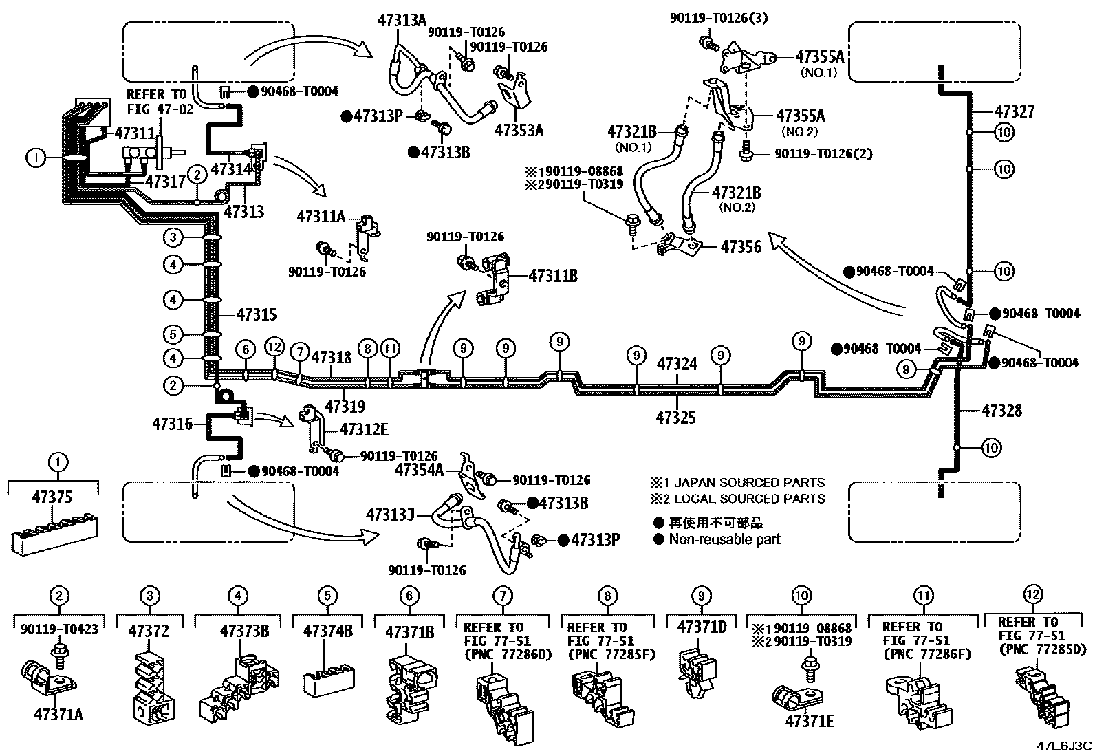 Toyota HILUX 制动配管和卡箍 EPC diagram — 47E6J3C