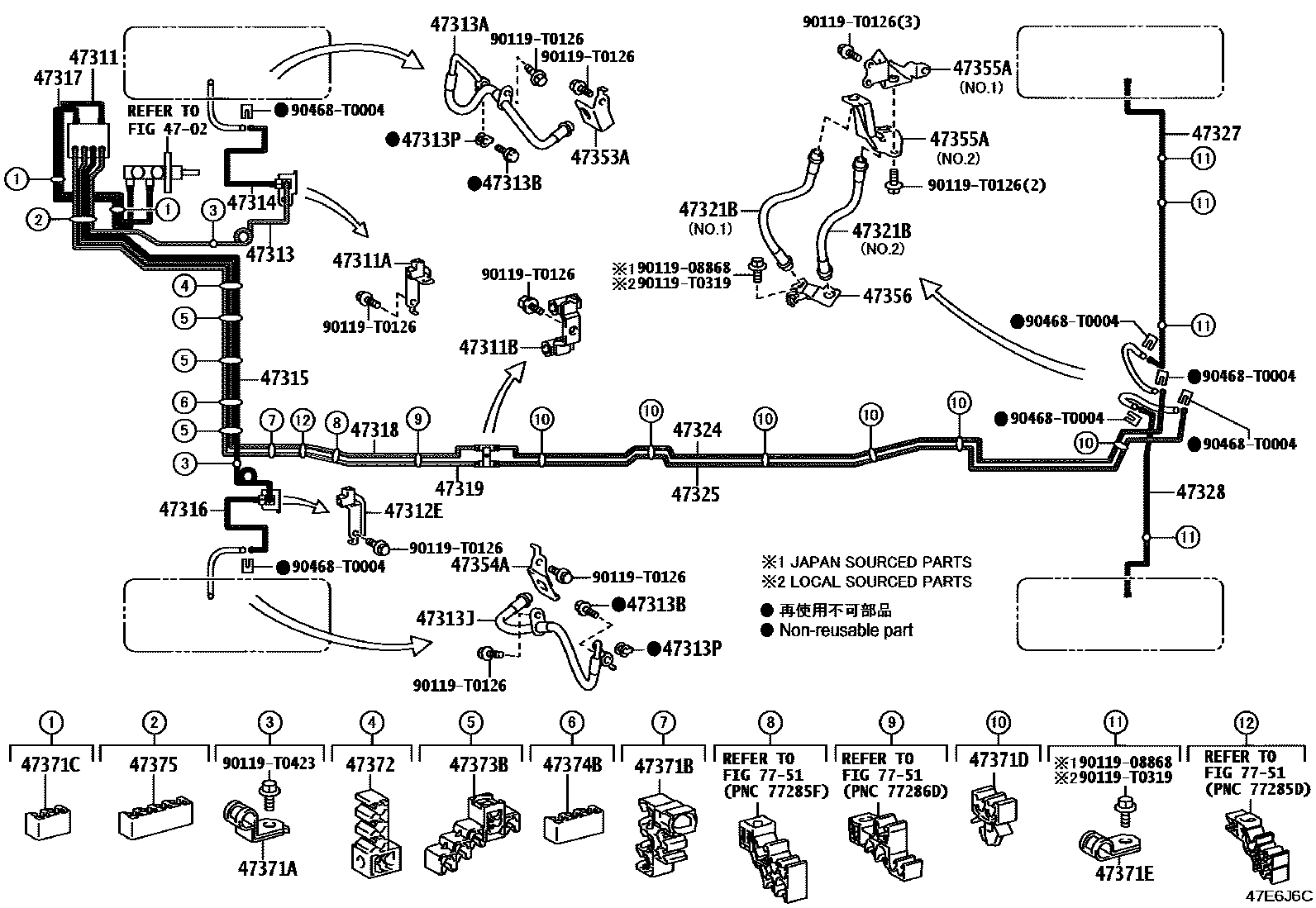 Toyota HILUX 制动配管和卡箍 EPC diagram — 47E6J6C