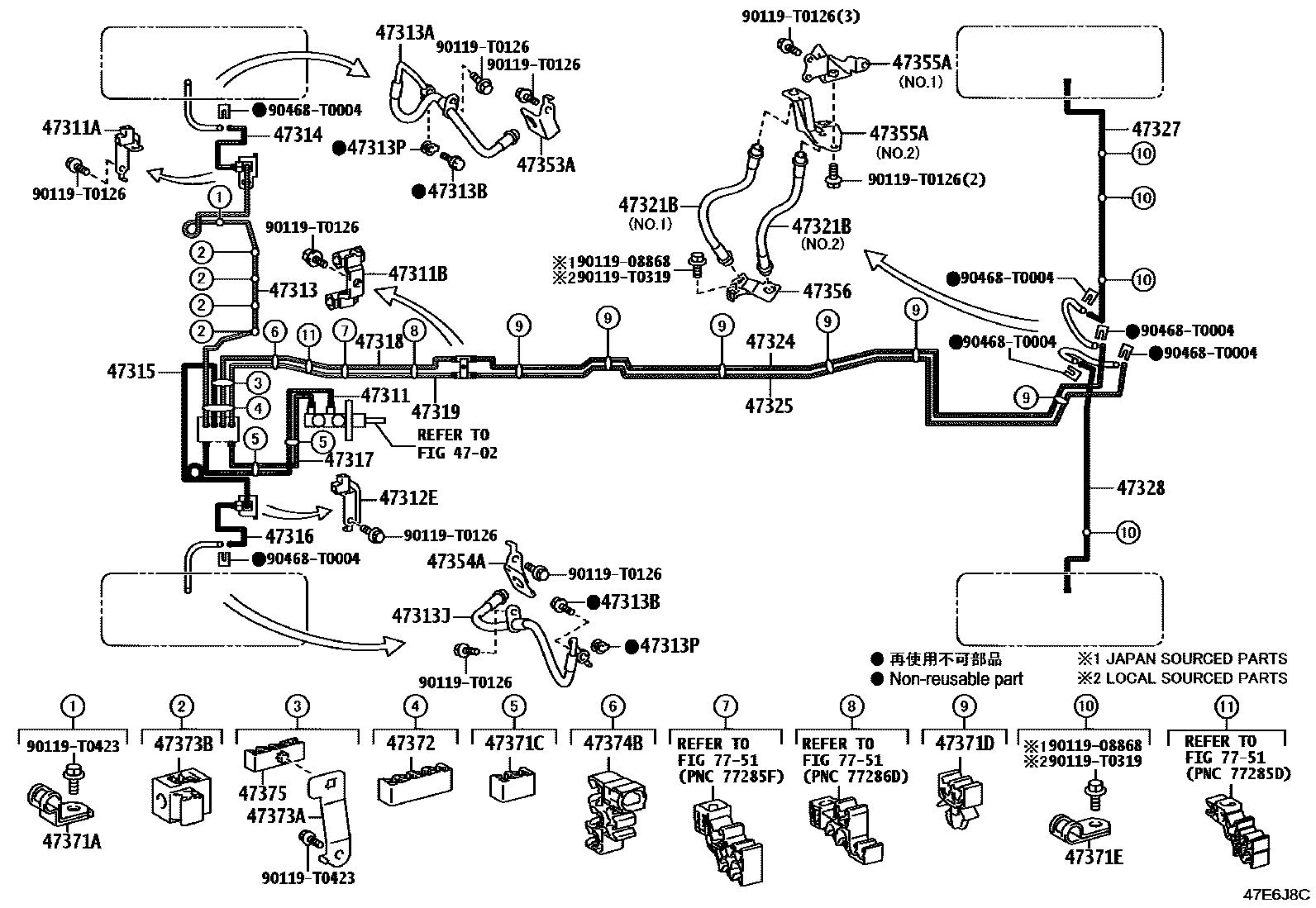 Toyota HILUX 制动配管和卡箍 EPC diagram — 47E6J8C