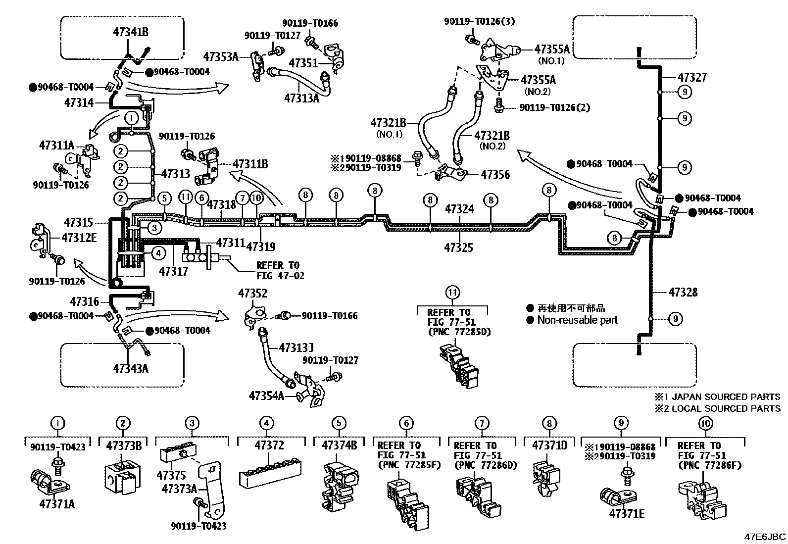 Toyota HILUX 制动配管和卡箍 EPC diagram — 47E6JBC