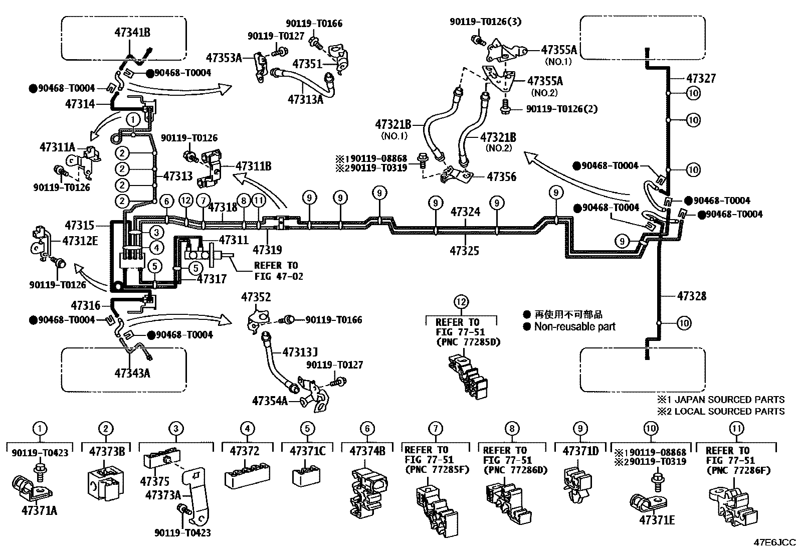 Toyota HILUX 制动配管和卡箍 EPC diagram — 47E6JCC