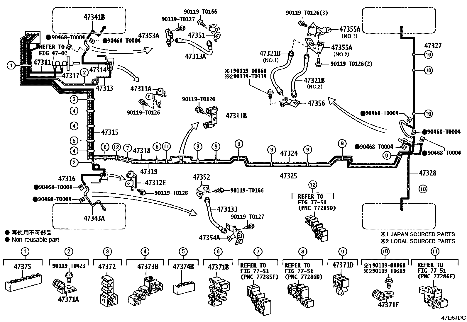 Toyota HILUX 制动配管和卡箍 EPC diagram — 47E6JDC