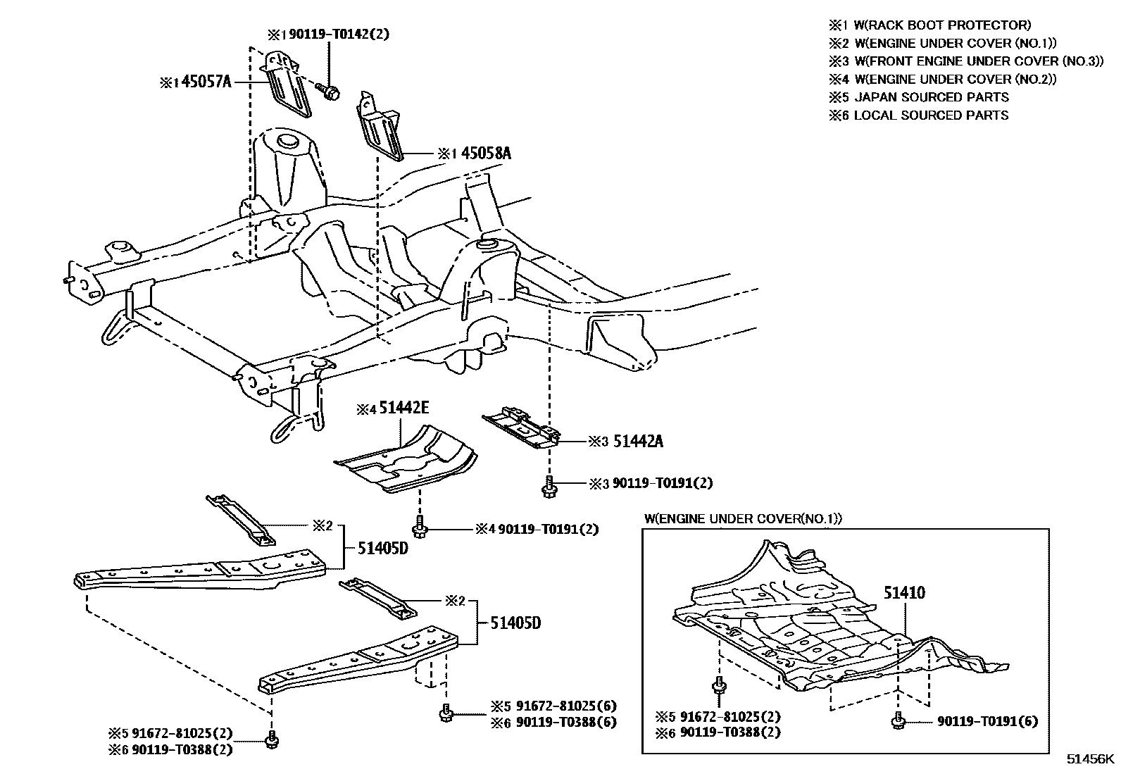 Toyota HILUX 悬架横梁和发动机底罩 EPC diagram — 51456K