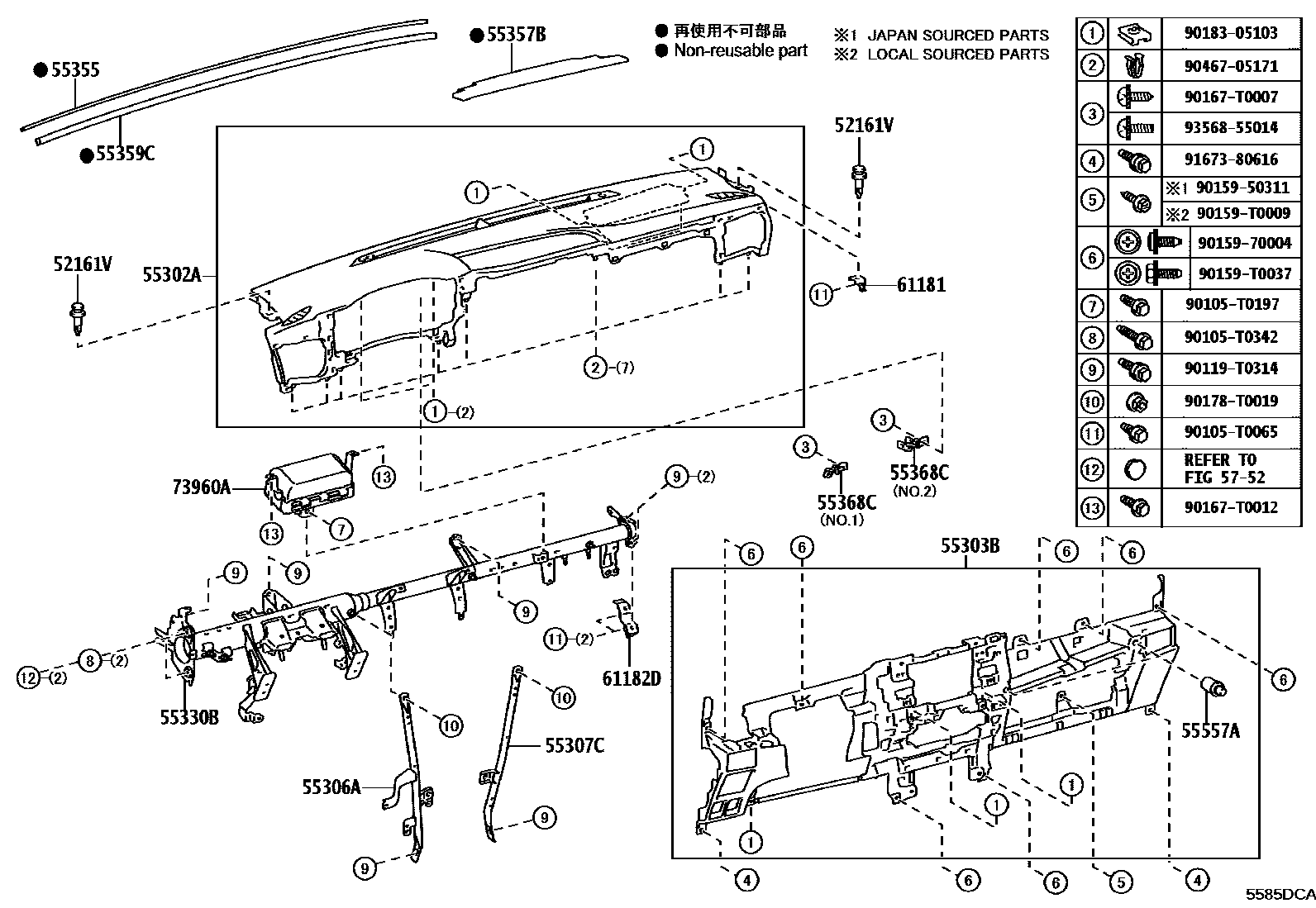 Toyota HILUX 仪表板和手套箱 EPC diagram — 5585DCA
