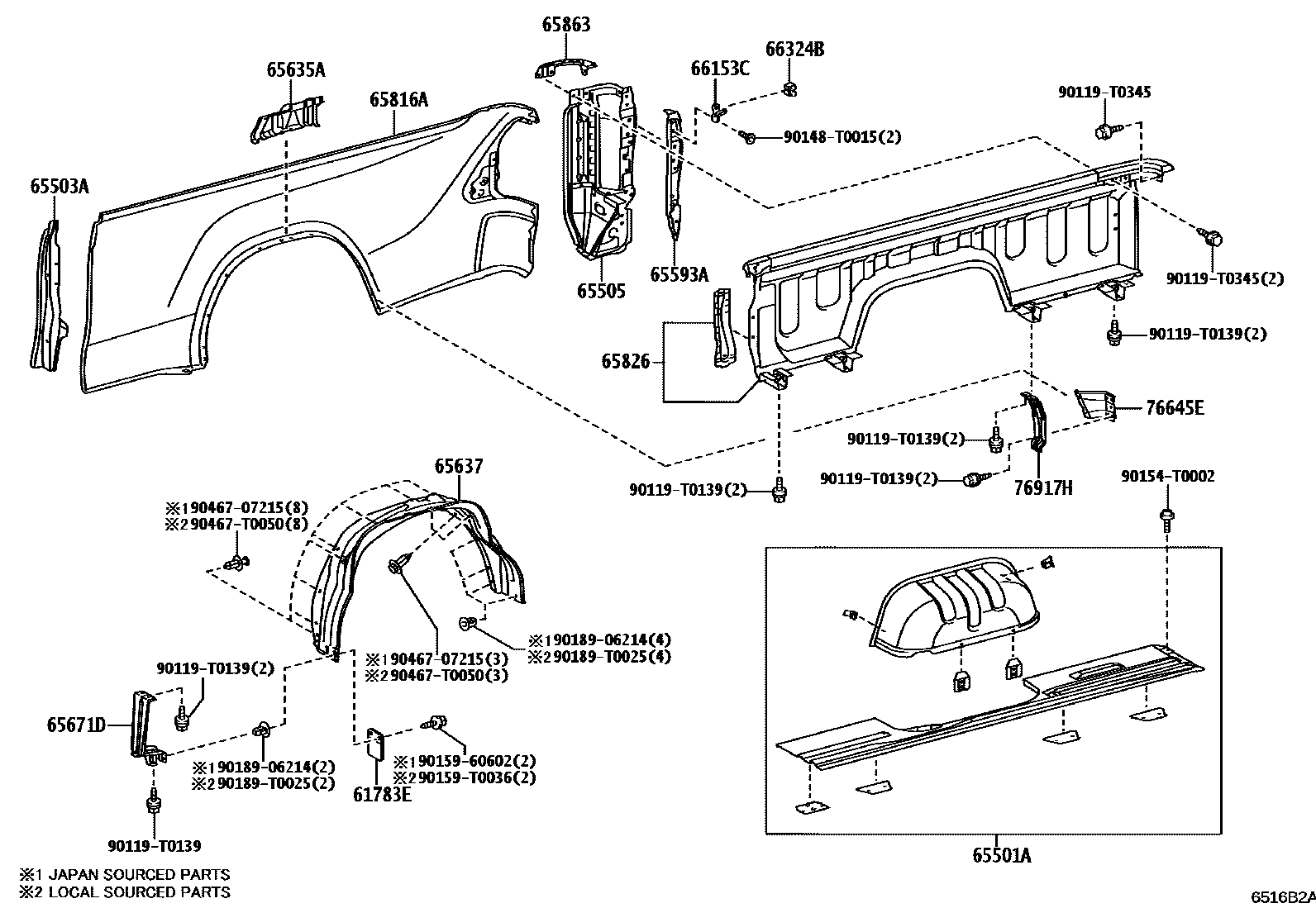 Toyota HILUX 后车身侧面板 EPC diagram — 6516B2A