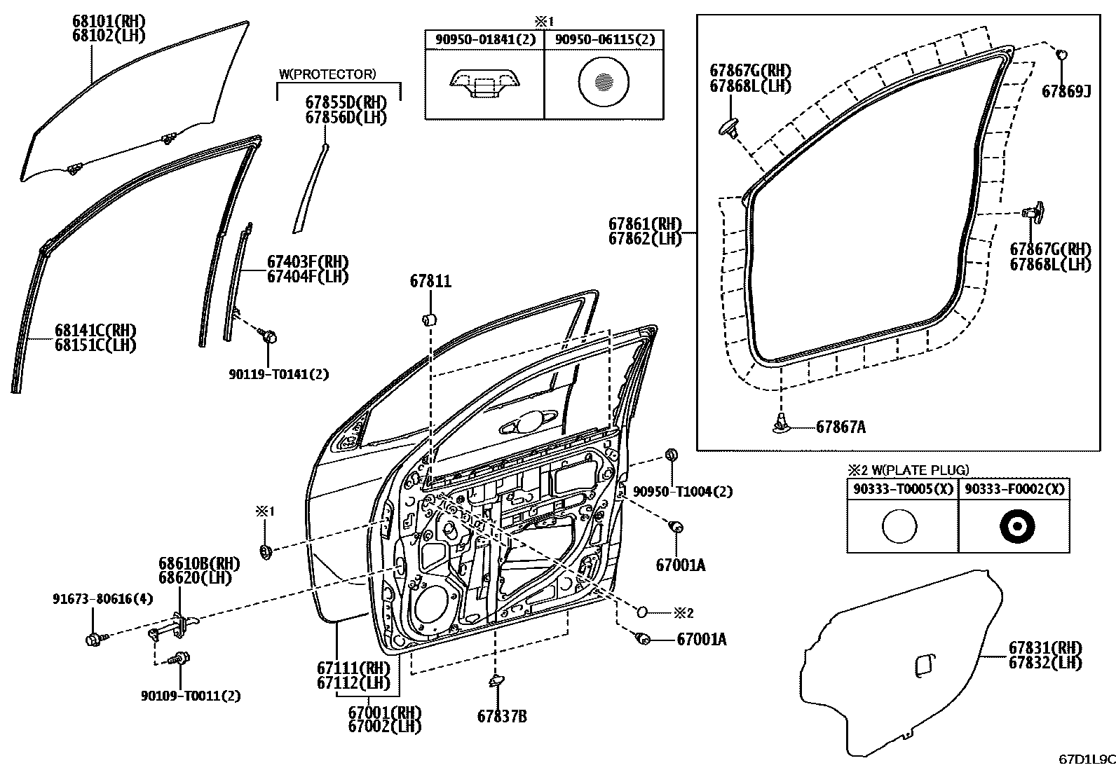 Toyota HILUX 前门板和前门玻璃 EPC diagram — 67D1L9C