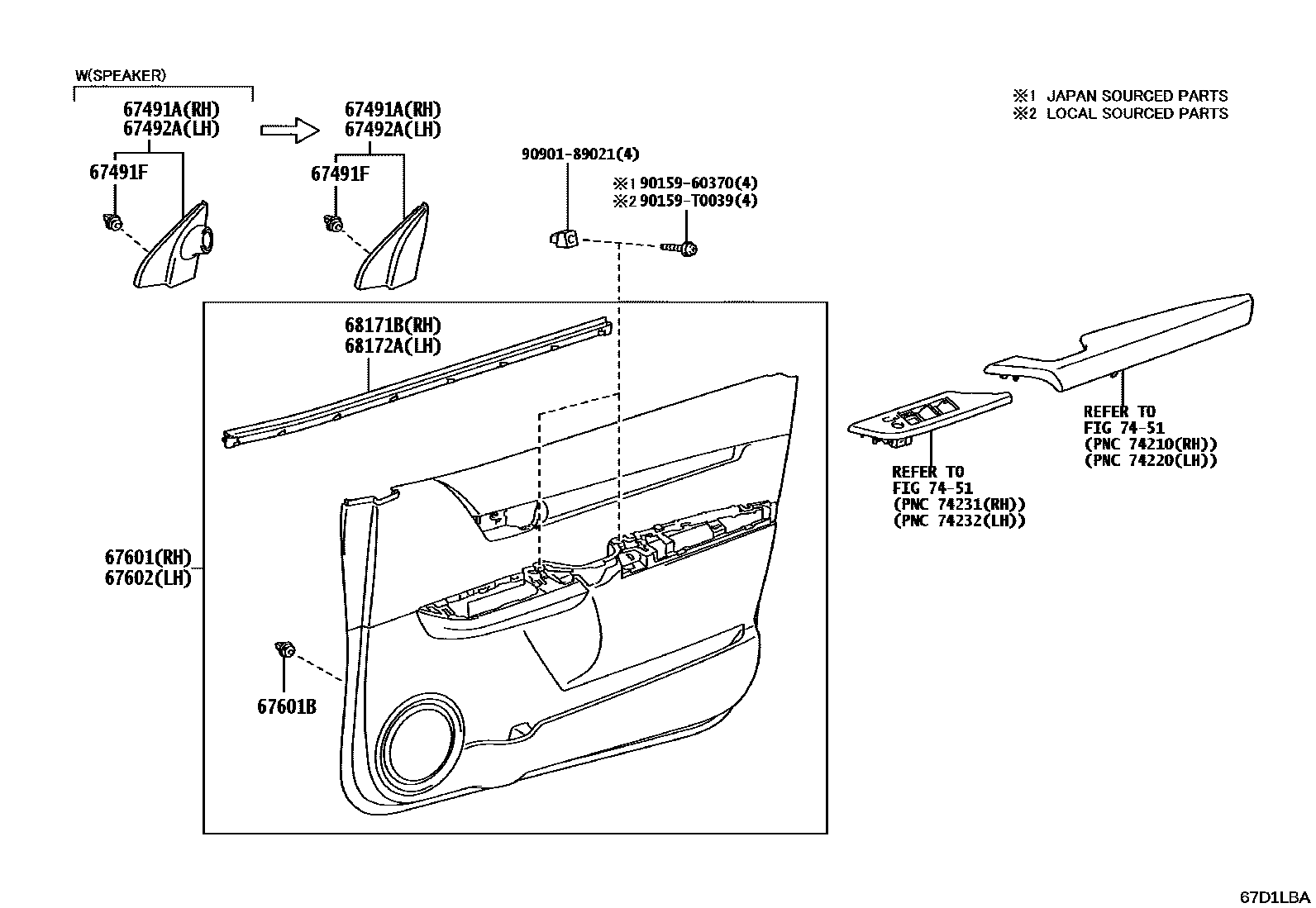 Toyota HILUX 前门板和前门玻璃 EPC diagram — 67D1LBA