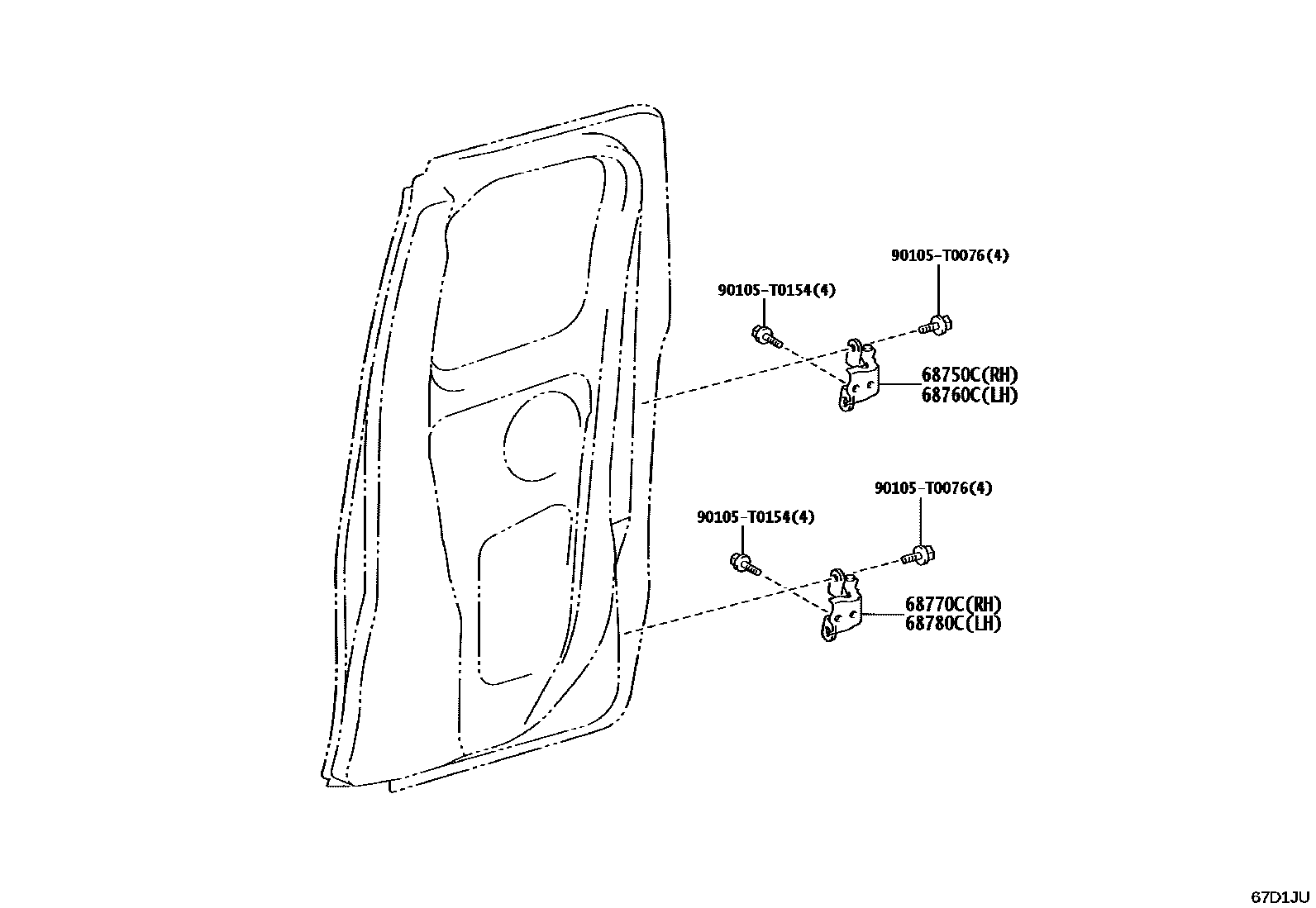 Toyota HILUX 后门车窗升降器和合页 EPC diagram — 67D1JU