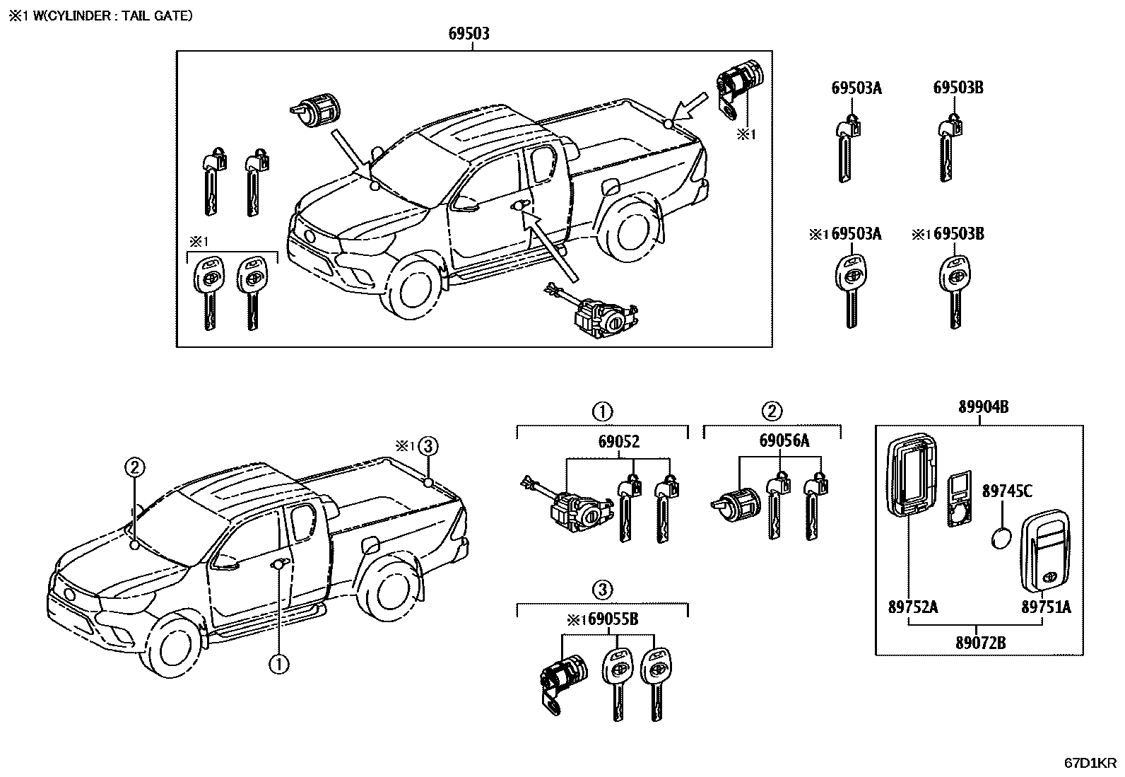 Toyota HILUX 锁芯组件 EPC diagram — 67D1KR