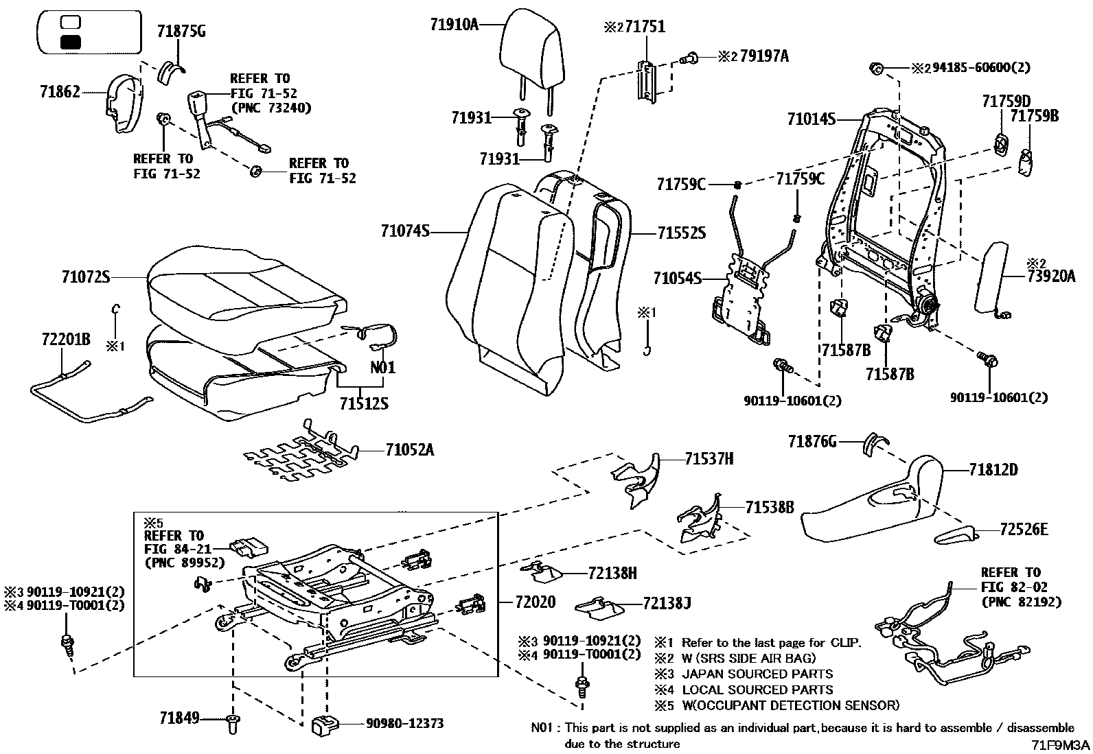 Toyota HILUX 座椅和座椅滑轨 EPC diagram — 71F9M3A