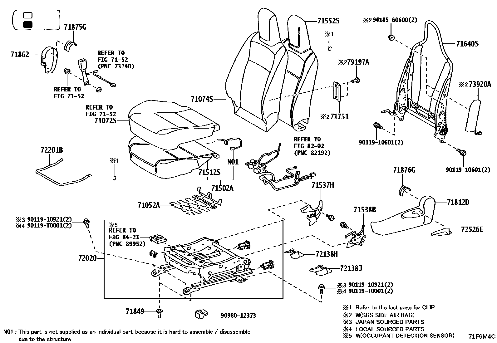 Toyota HILUX 座椅和座椅滑轨 EPC diagram — 71F9M4C