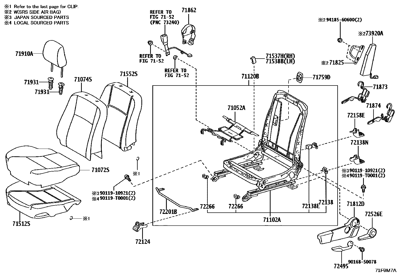 Toyota HILUX 座椅和座椅滑轨 EPC diagram — 71F9M7A