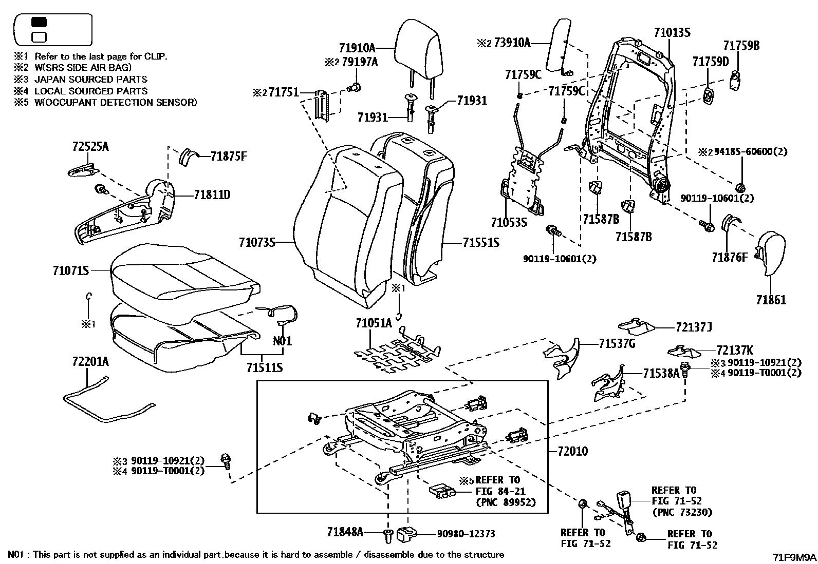 Toyota HILUX 座椅和座椅滑轨 EPC diagram — 71F9M9A