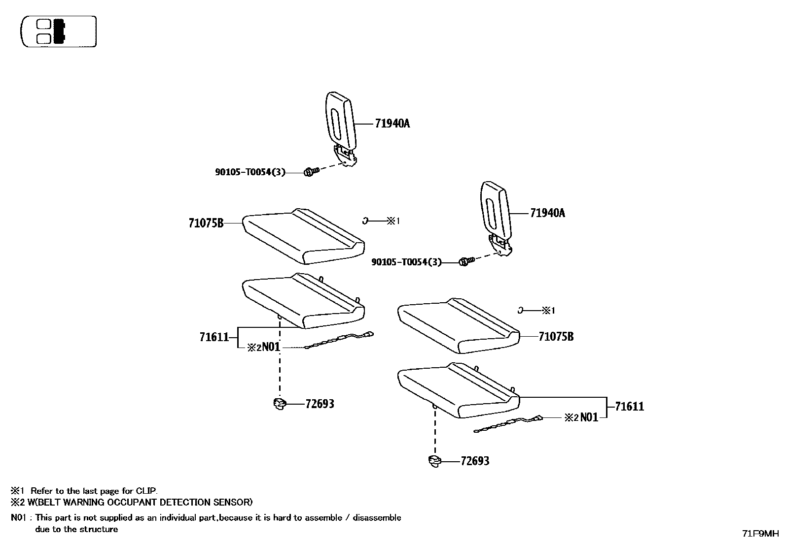 Toyota HILUX 座椅和座椅滑轨 EPC diagram — 71F9MH