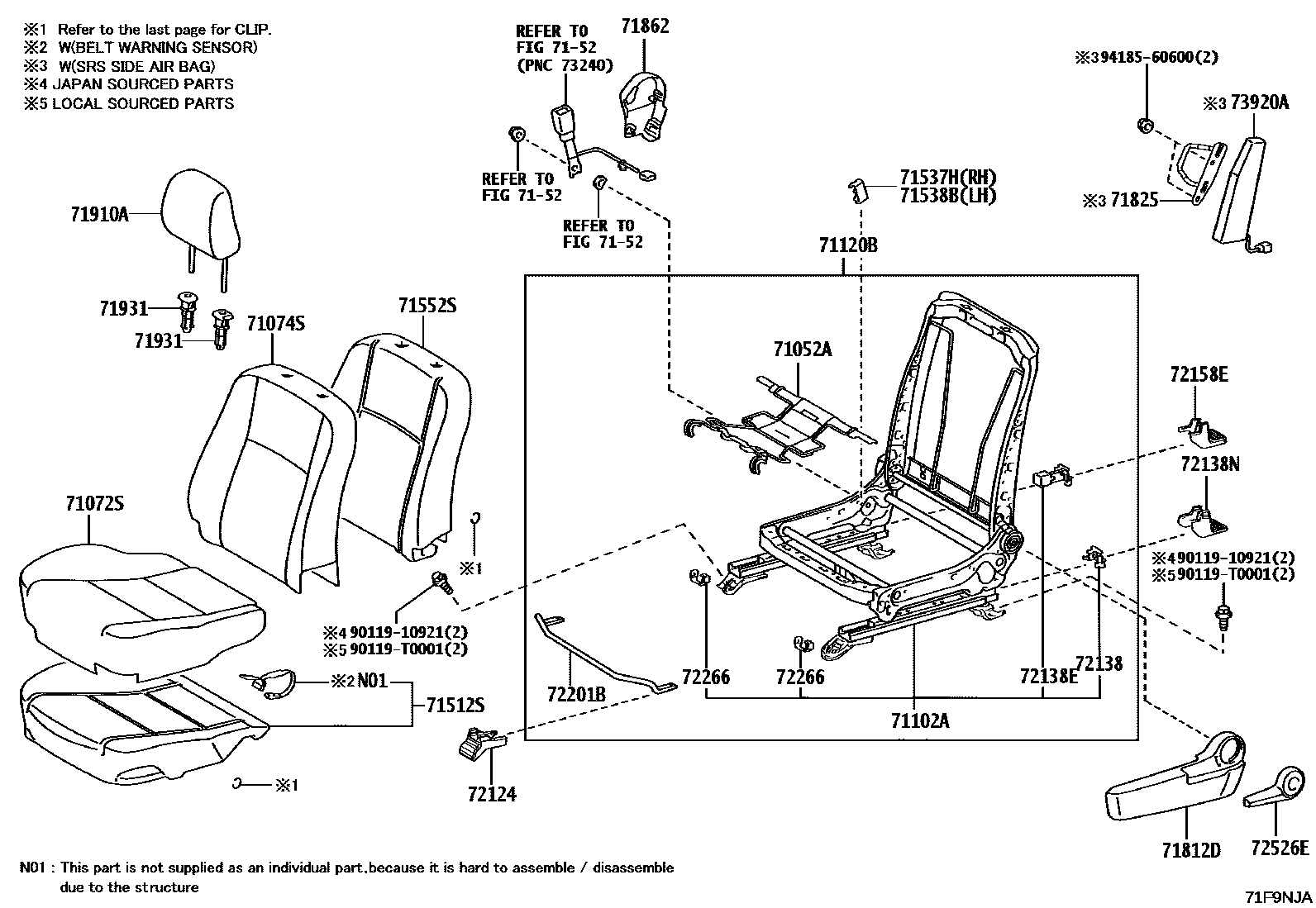 Toyota HILUX 座椅和座椅滑轨 EPC diagram — 71F9NJA